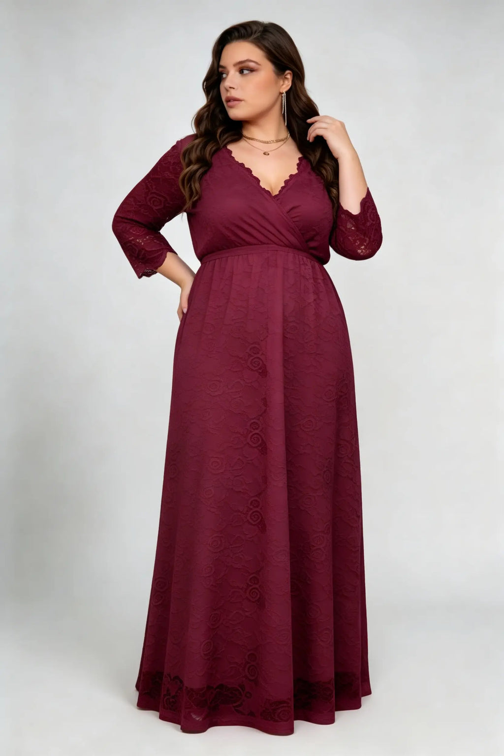 Plus Size Burgundy Lace V-Neck 3/4 Sleeve Flowy A-Line Evening Maxi Dress