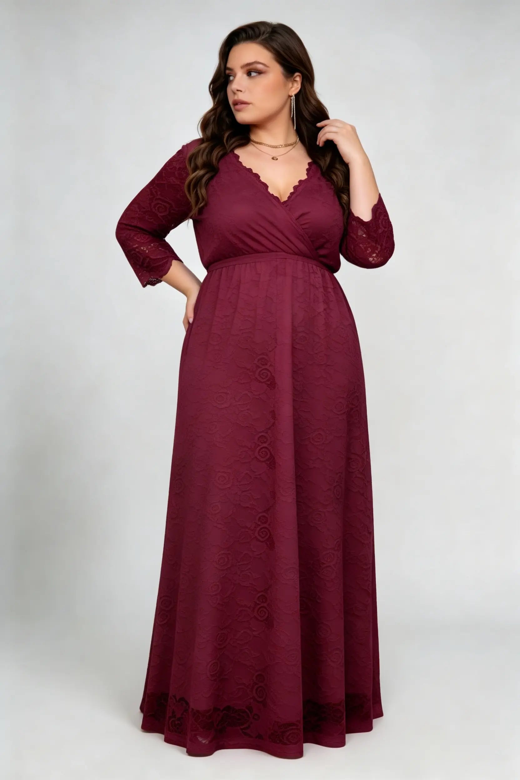 Plus Size Burgundy Lace V-Neck 3/4 Sleeve Flowy A-Line Evening Maxi Dress