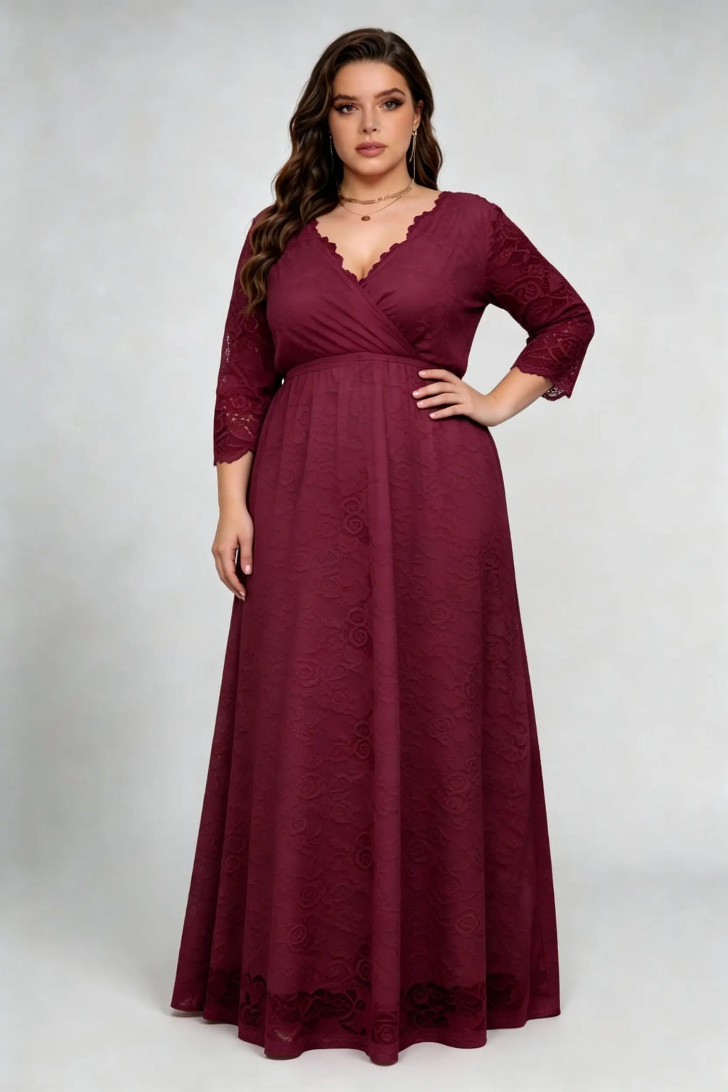 Plus Size Burgundy Lace V-Neck 3/4 Sleeve Flowy A-Line Evening Maxi Dress