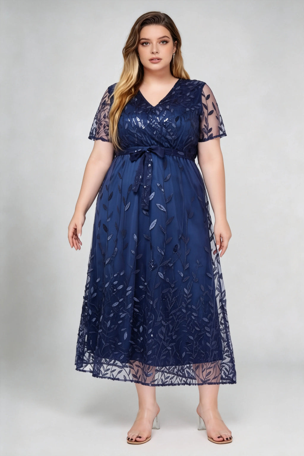 Plus Size Navy V-Neck Sequin Leaf Embroidered A-Line Midi Dress