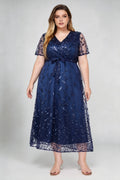 Plus Size Navy V-Neck Sequin Leaf Embroidered A-Line Midi Dress