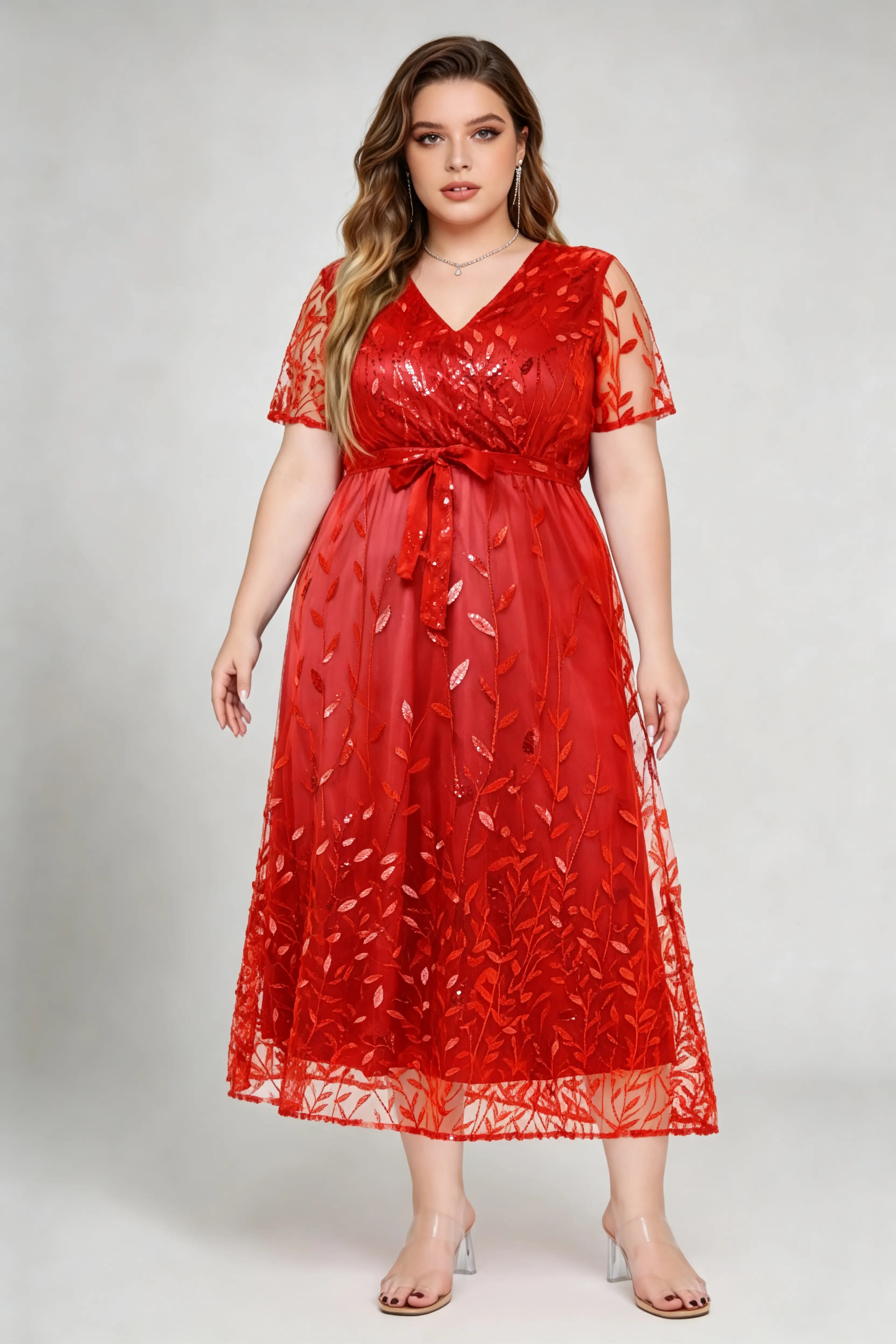 Plus Size Red V-Neck Sequin Leaf Embroidered A-Line Midi Dress
