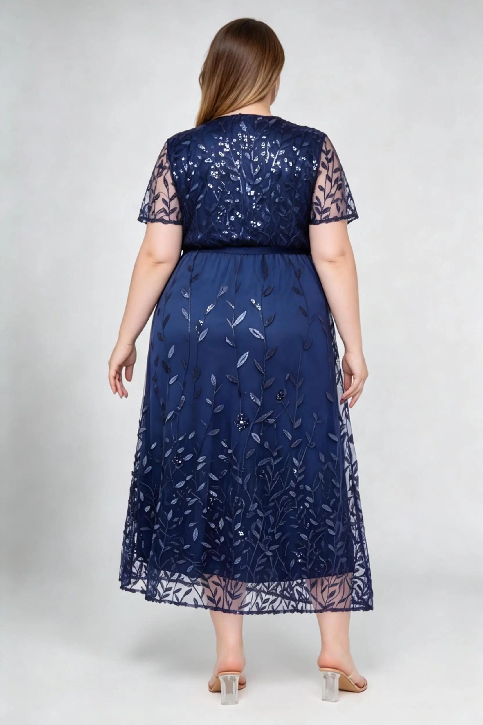 Plus Size Navy V-Neck Sequin Leaf Embroidered A-Line Midi Dress