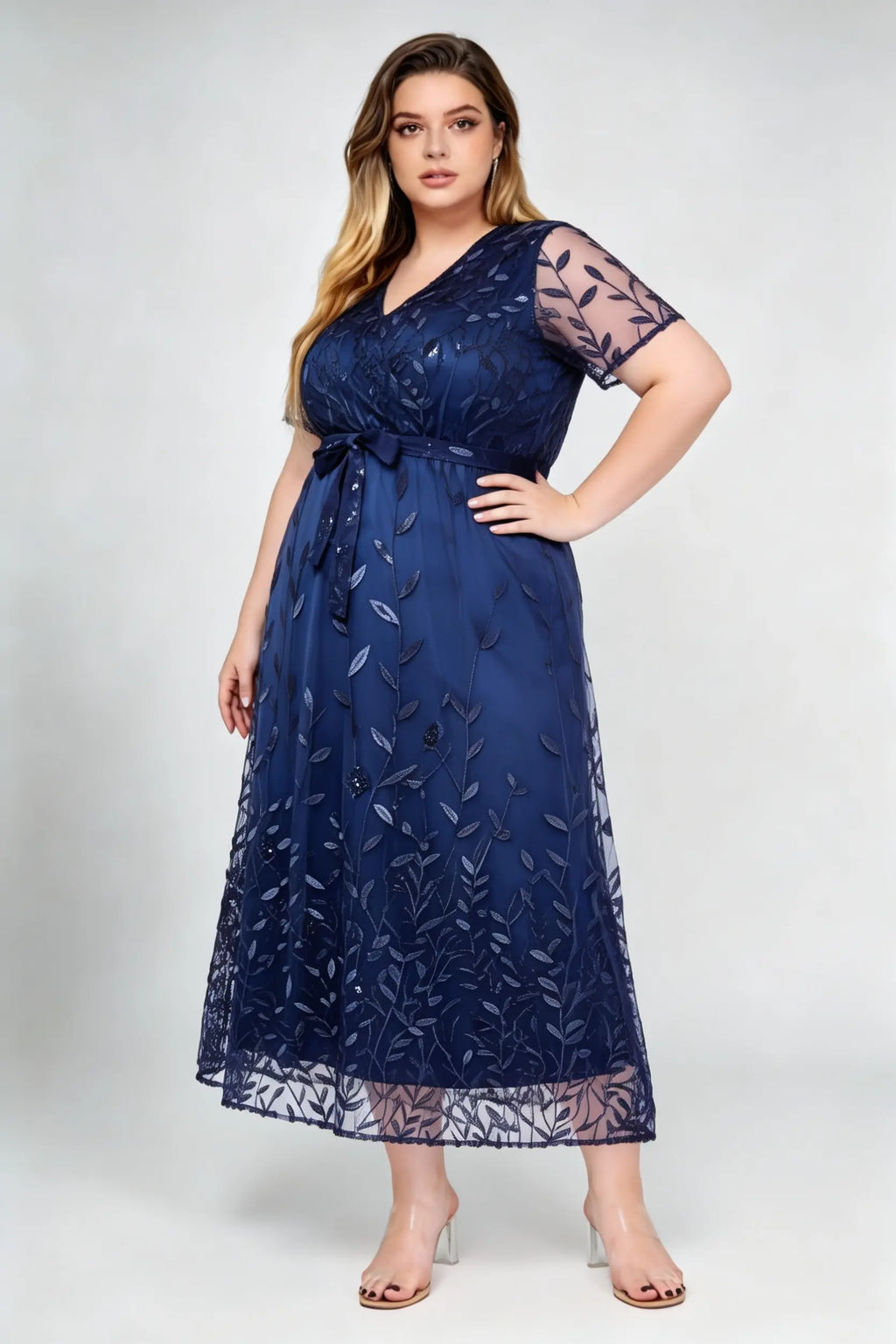 Plus Size Navy V-Neck Sequin Leaf Embroidered A-Line Midi Dress