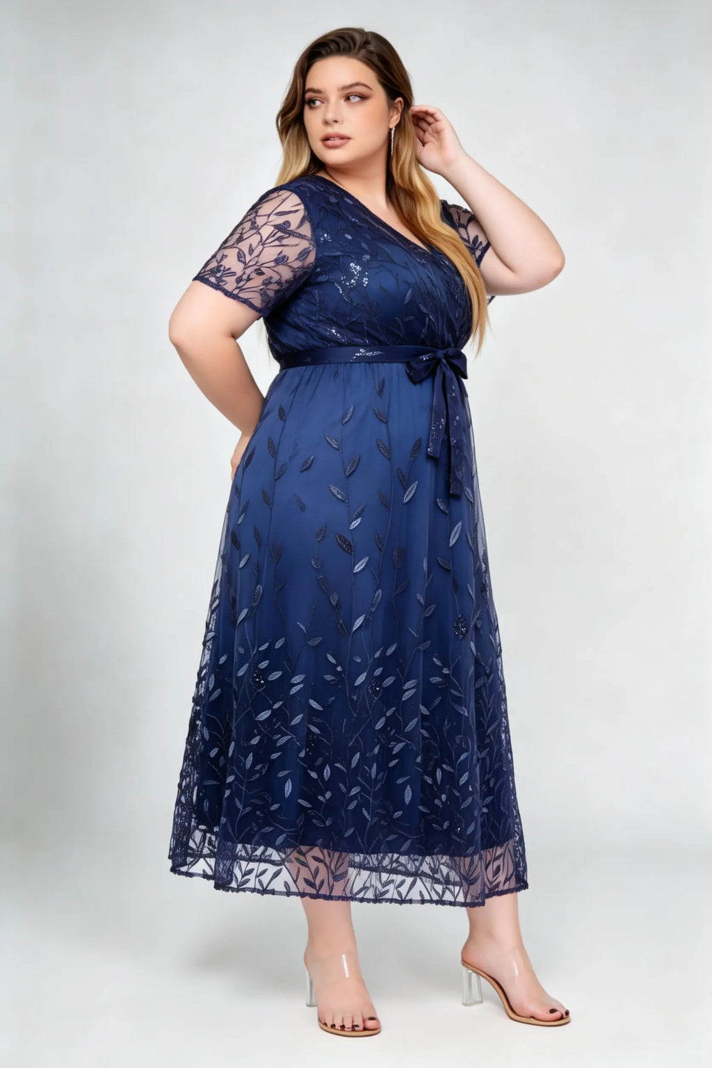 Plus Size Navy V-Neck Sequin Leaf Embroidered A-Line Midi Dress