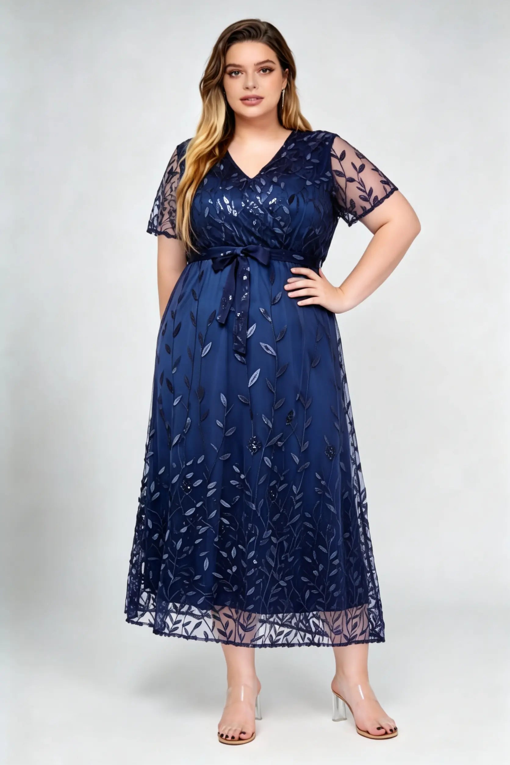 Plus Size Navy V-Neck Sequin Leaf Embroidered A-Line Midi Dress