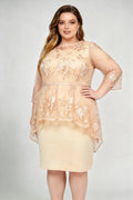 Plus Size Champagne Lace Floral Embroidered High-Low Peplum Knee Dress