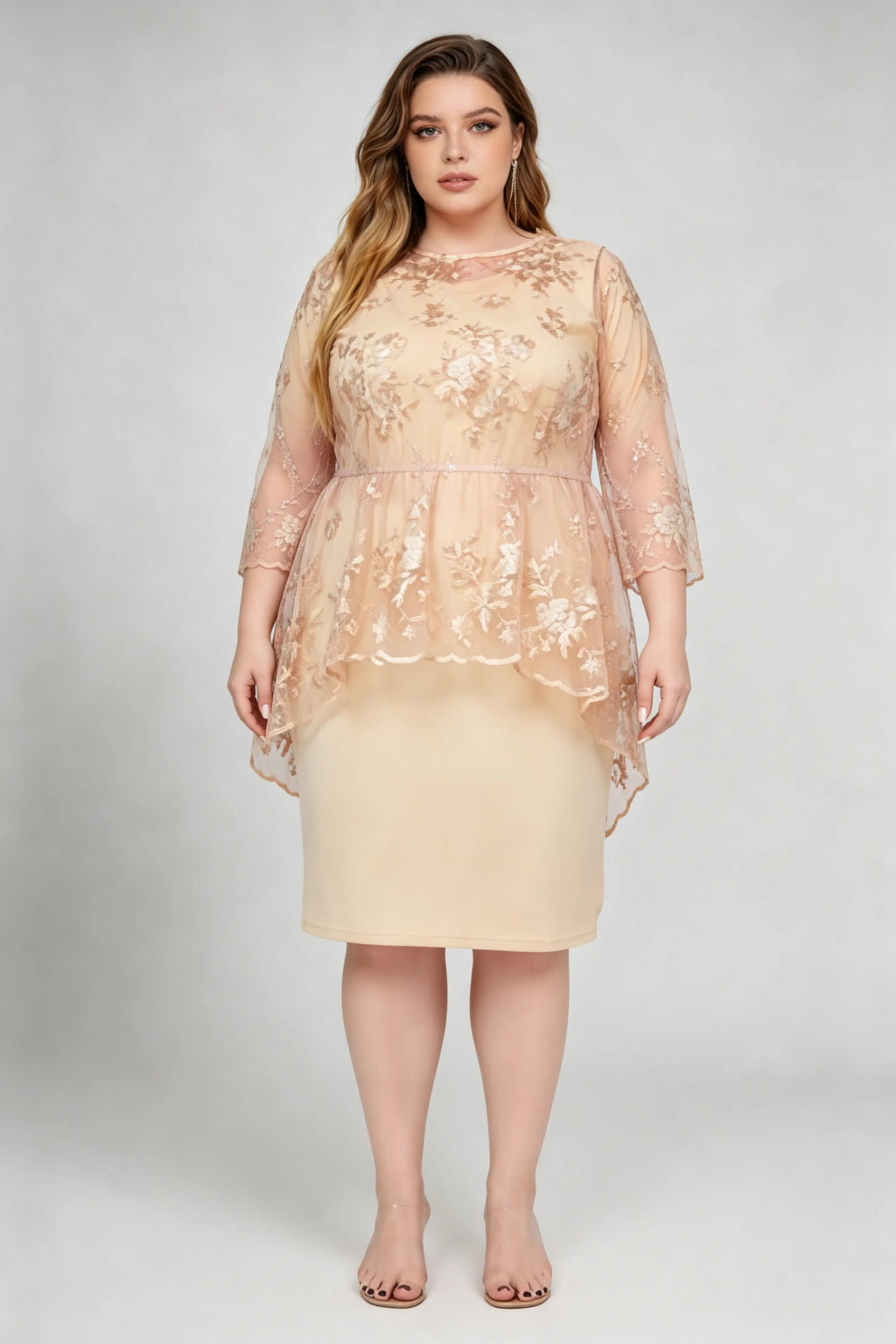 Plus Size Champagne Lace Floral Embroidered High-Low Peplum Knee Dress
