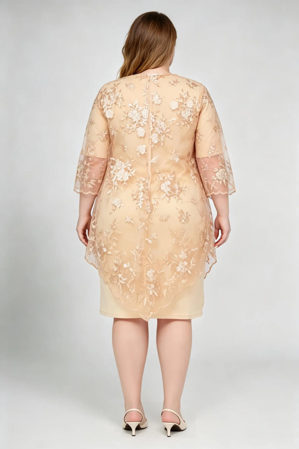 Plus Size Champagne Lace Floral Embroidered High-Low Peplum Knee Dress