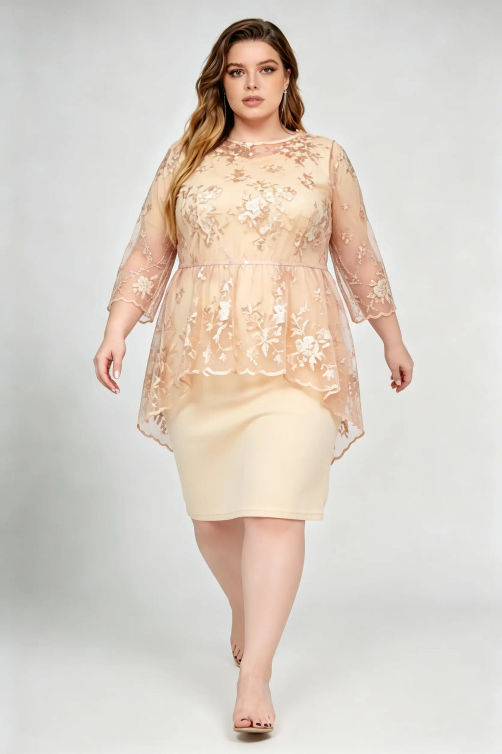 Plus Size Champagne Lace Floral Embroidered High-Low Peplum Knee Dress