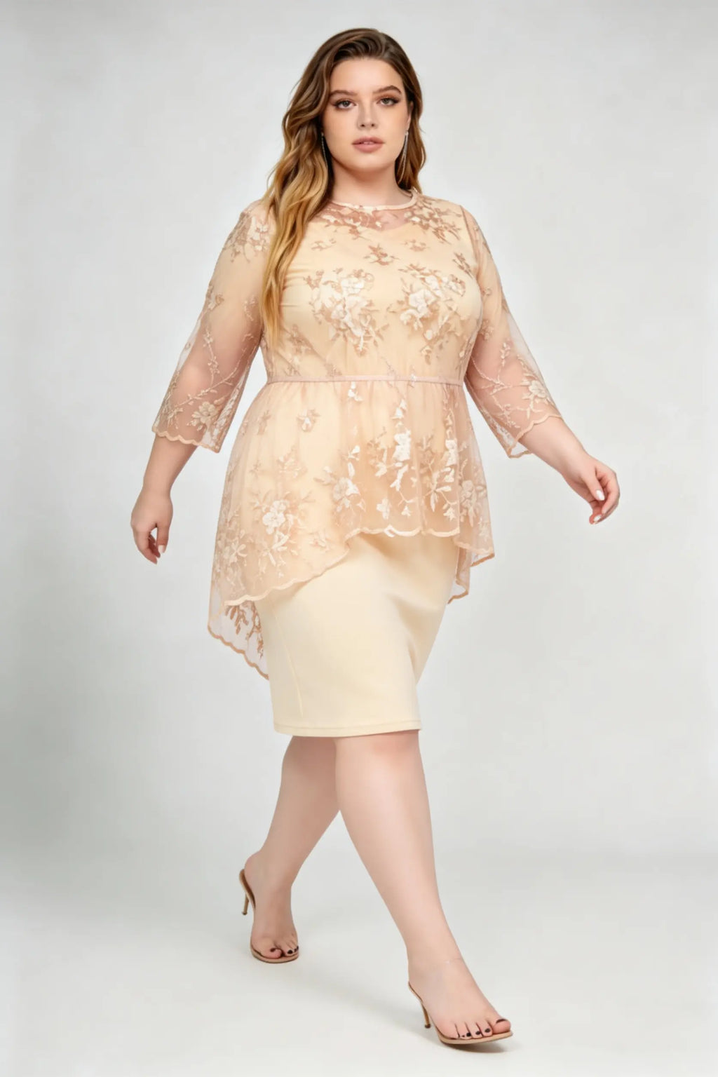 Plus Size Champagne Lace Floral Embroidered High-Low Peplum Knee Dress