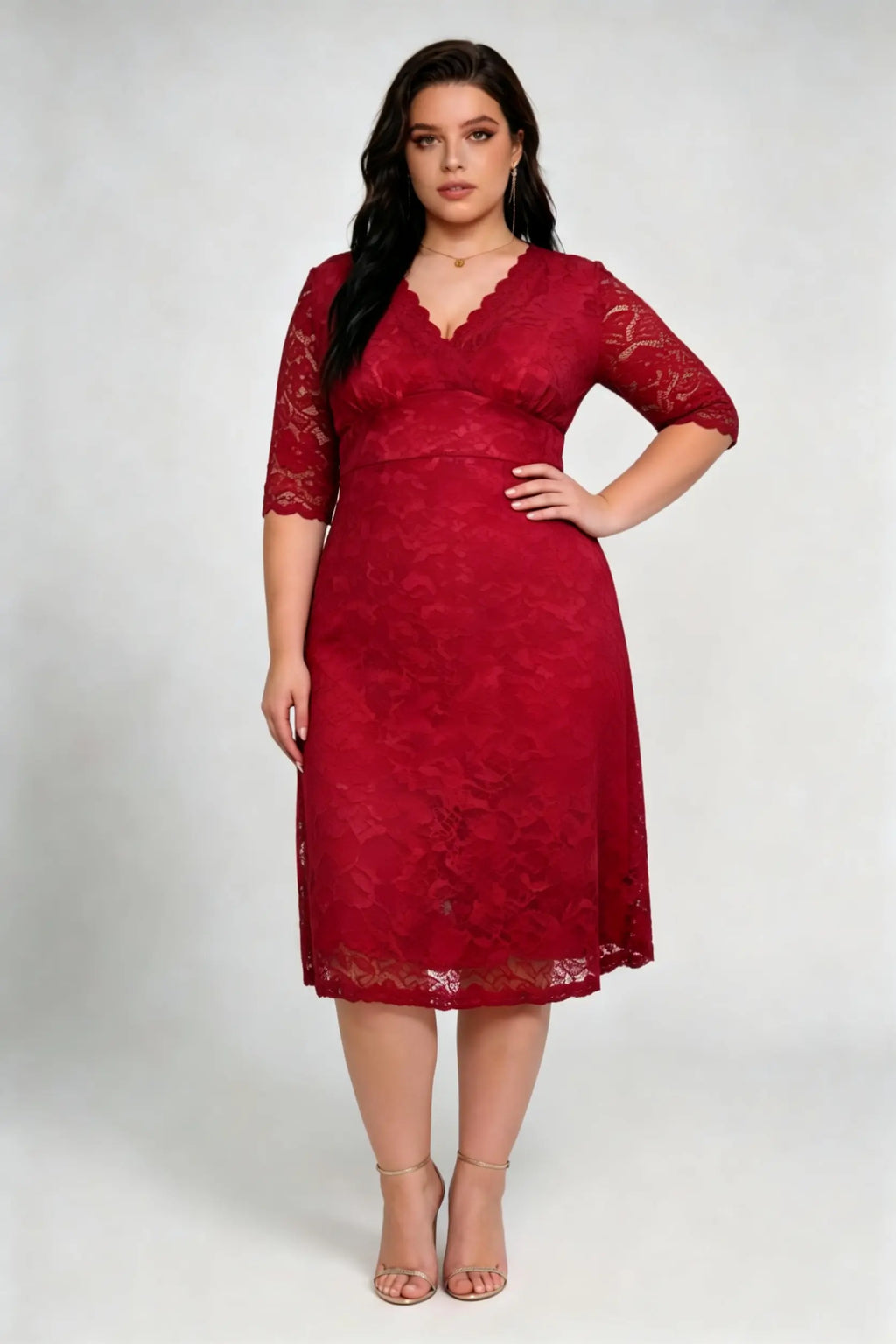 Plus Size Red Lace V-Neck 3/4 Sleeve A-Line Midi Cocktail Dress