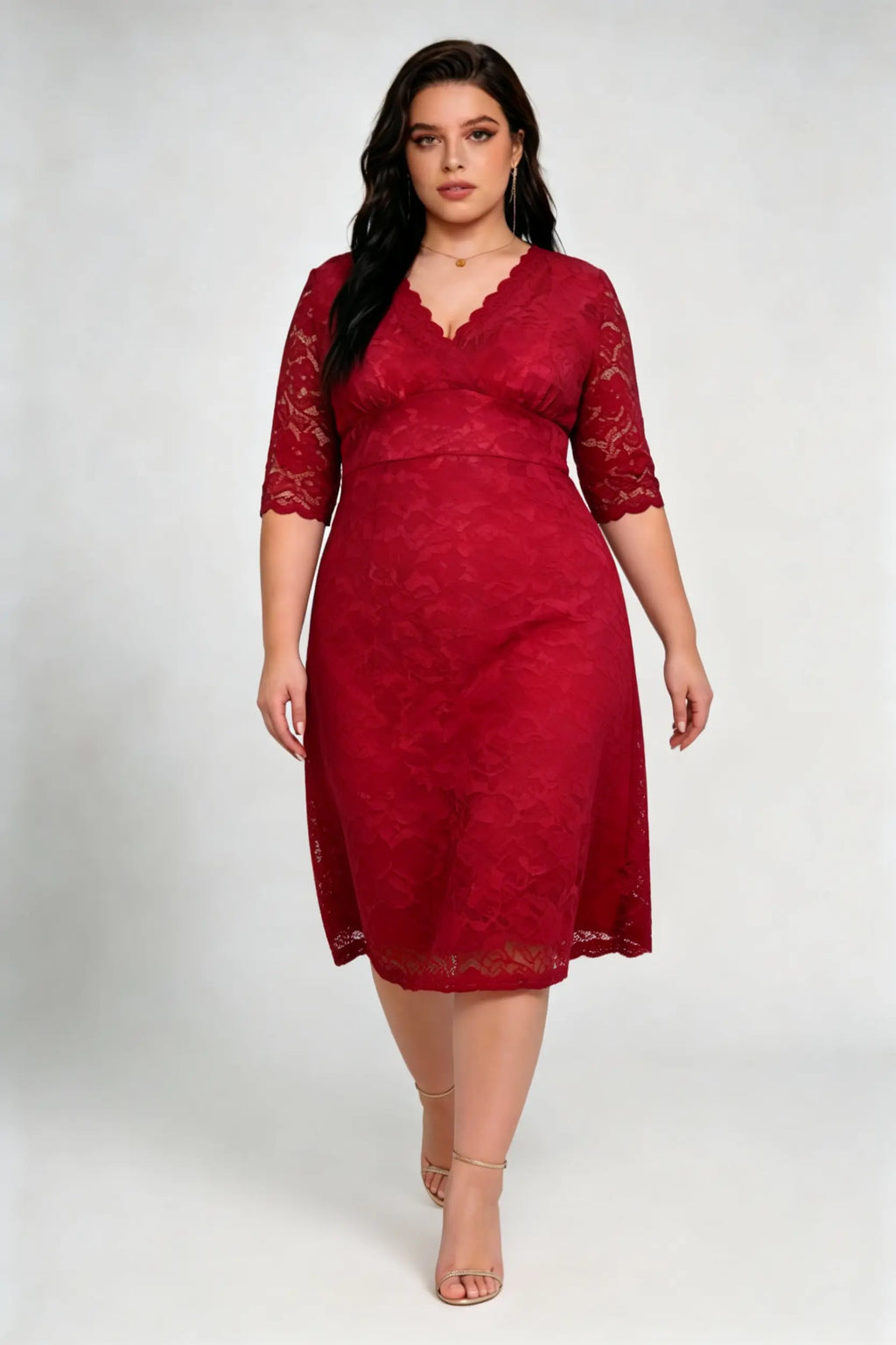 Plus Size Red Lace V-Neck 3/4 Sleeve A-Line Midi Cocktail Dress