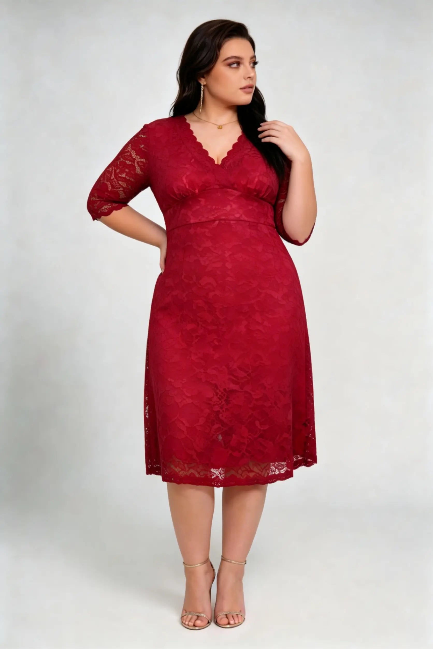 Plus Size Red Lace V-Neck 3/4 Sleeve A-Line Midi Cocktail Dress