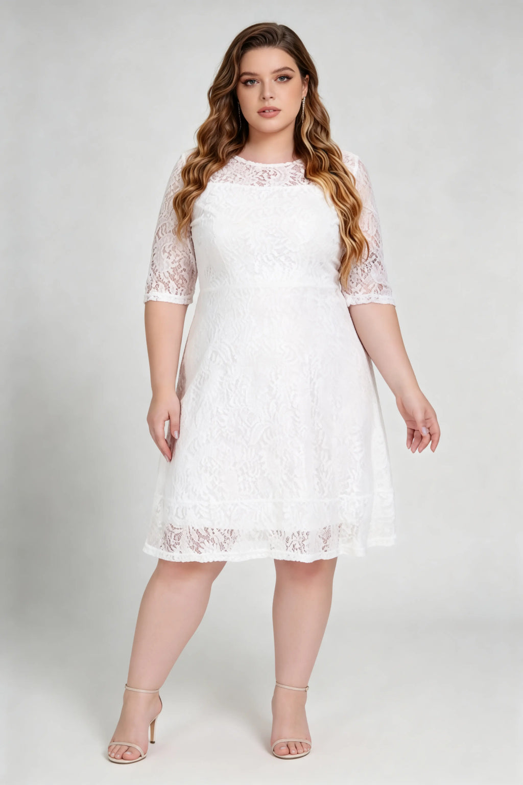 Plus Size White Lace Round Neck 3/4 Sleeve A-Line Knee Length Dress