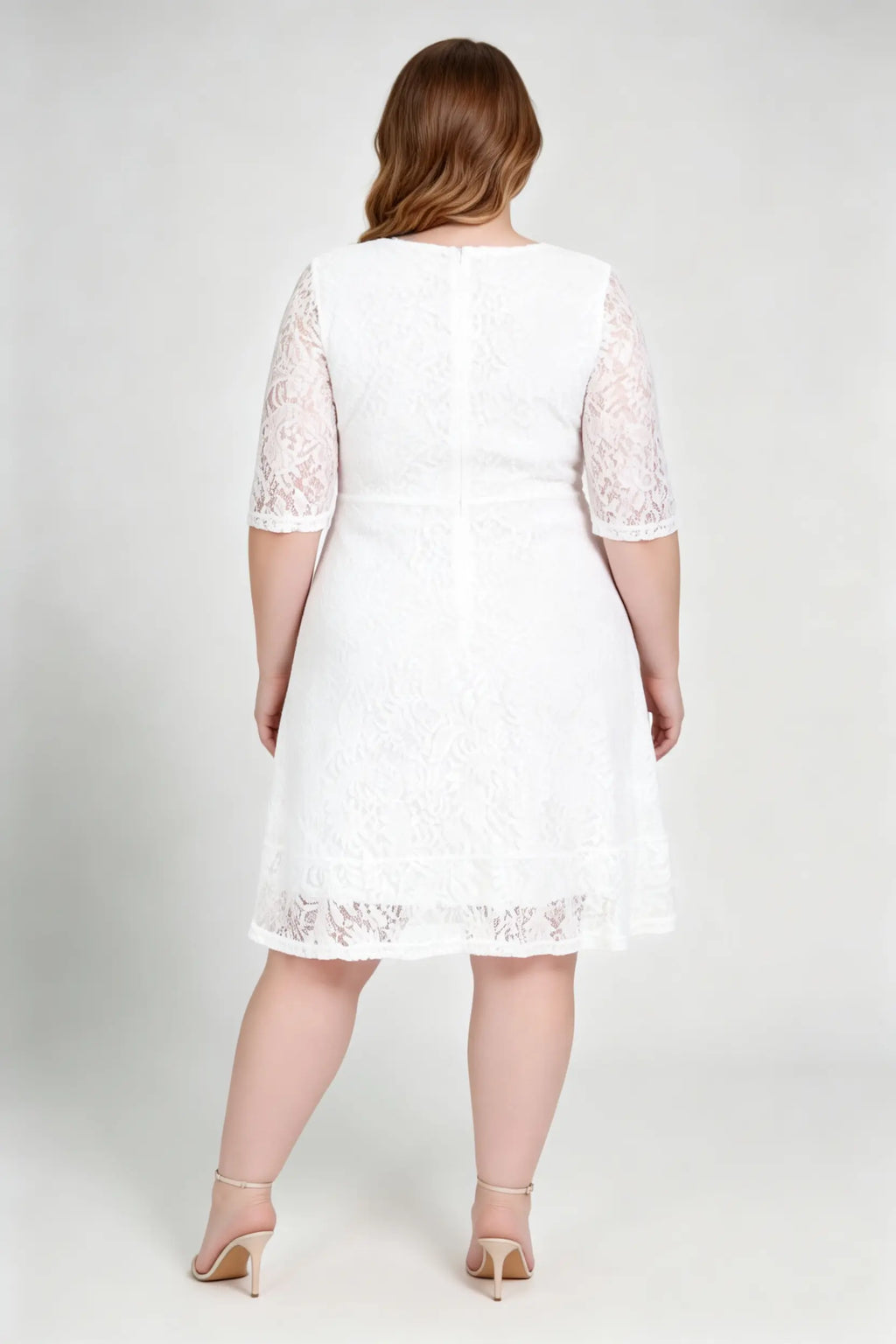 Plus Size White Lace Round Neck 3/4 Sleeve A-Line Knee Length Dress