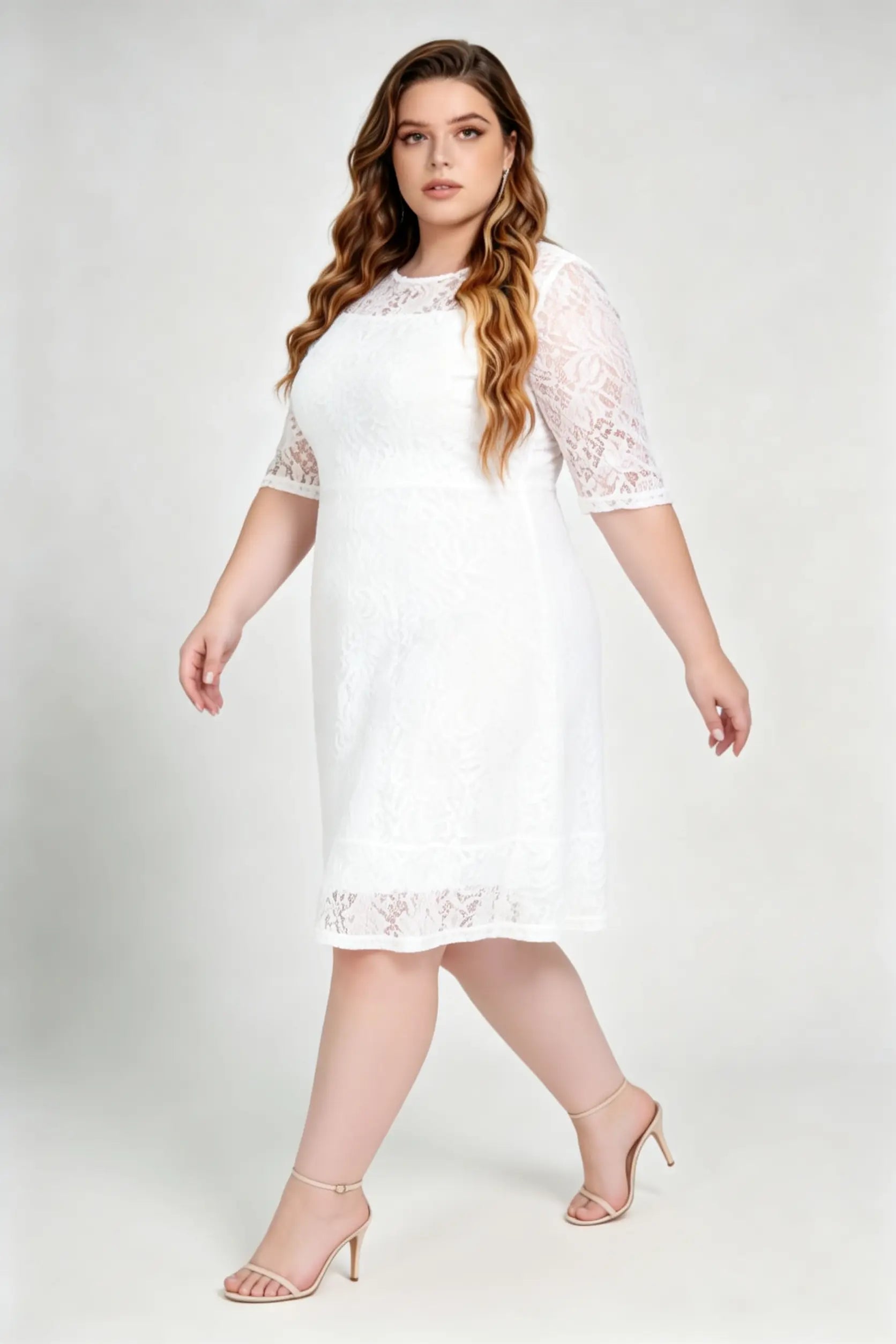 Plus Size White Lace Round Neck 3/4 Sleeve A-Line Knee Length Dress – phoehua Plus Size White Lace Round Neck 3/4 Sleeve A-Line Knee Length Dress – phoehua