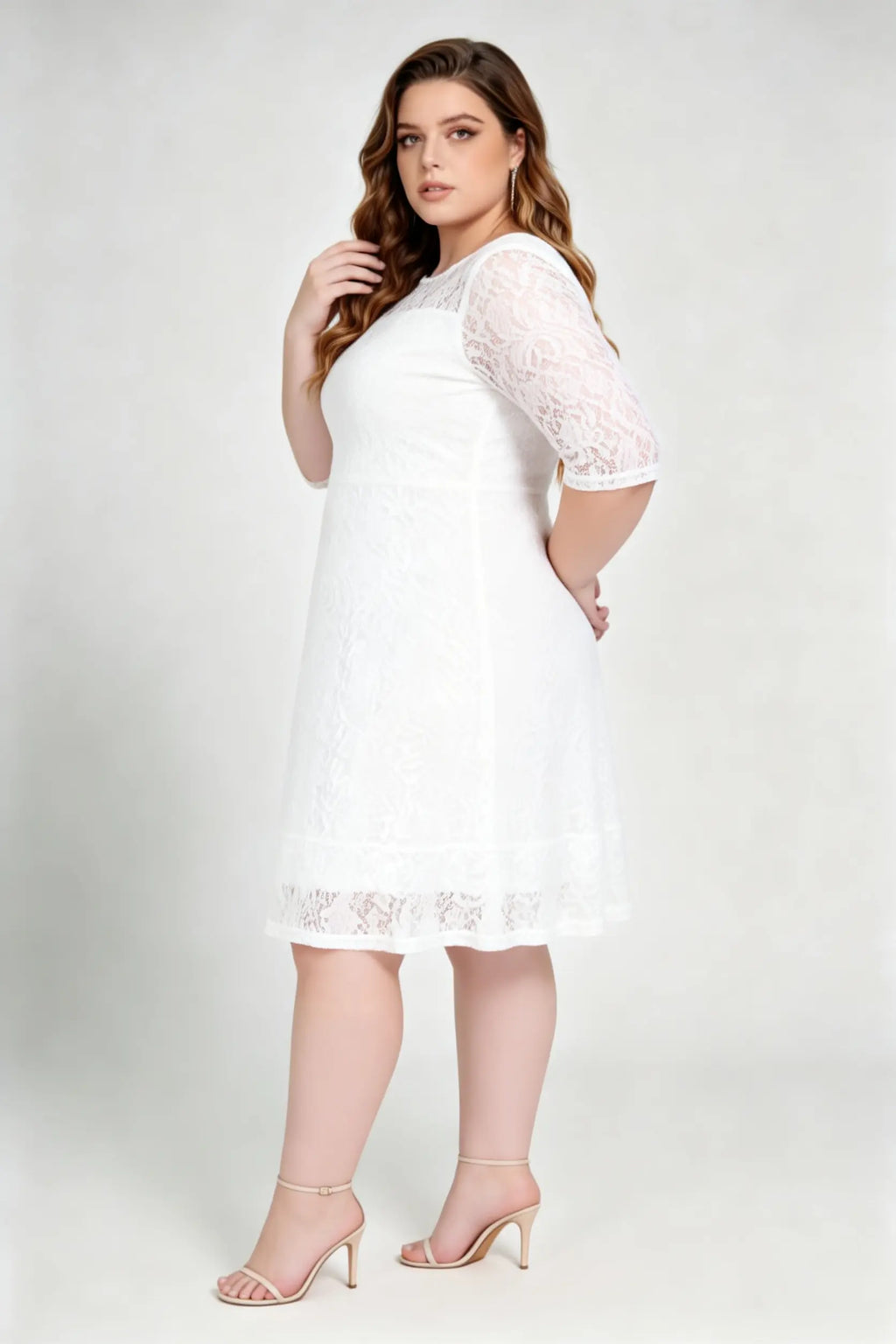 Plus Size White Lace Round Neck 3/4 Sleeve A-Line Knee Length Dress