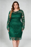 Plus Size Emerald Green Lace Round Neck Long Sleeve Bodycon Midi Dress