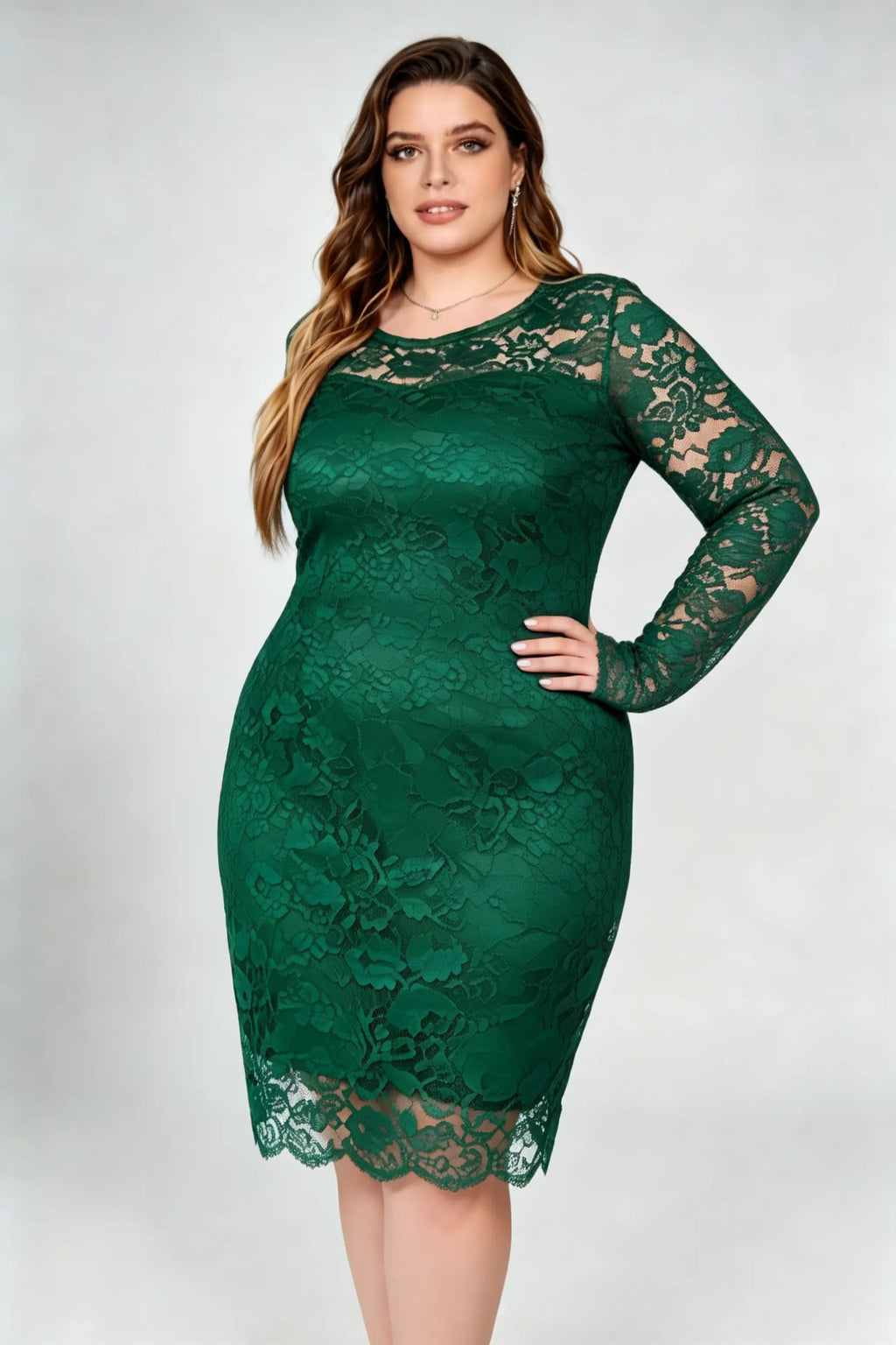 Plus Size Emerald Green Lace Round Neck Long Sleeve Bodycon Midi Dress