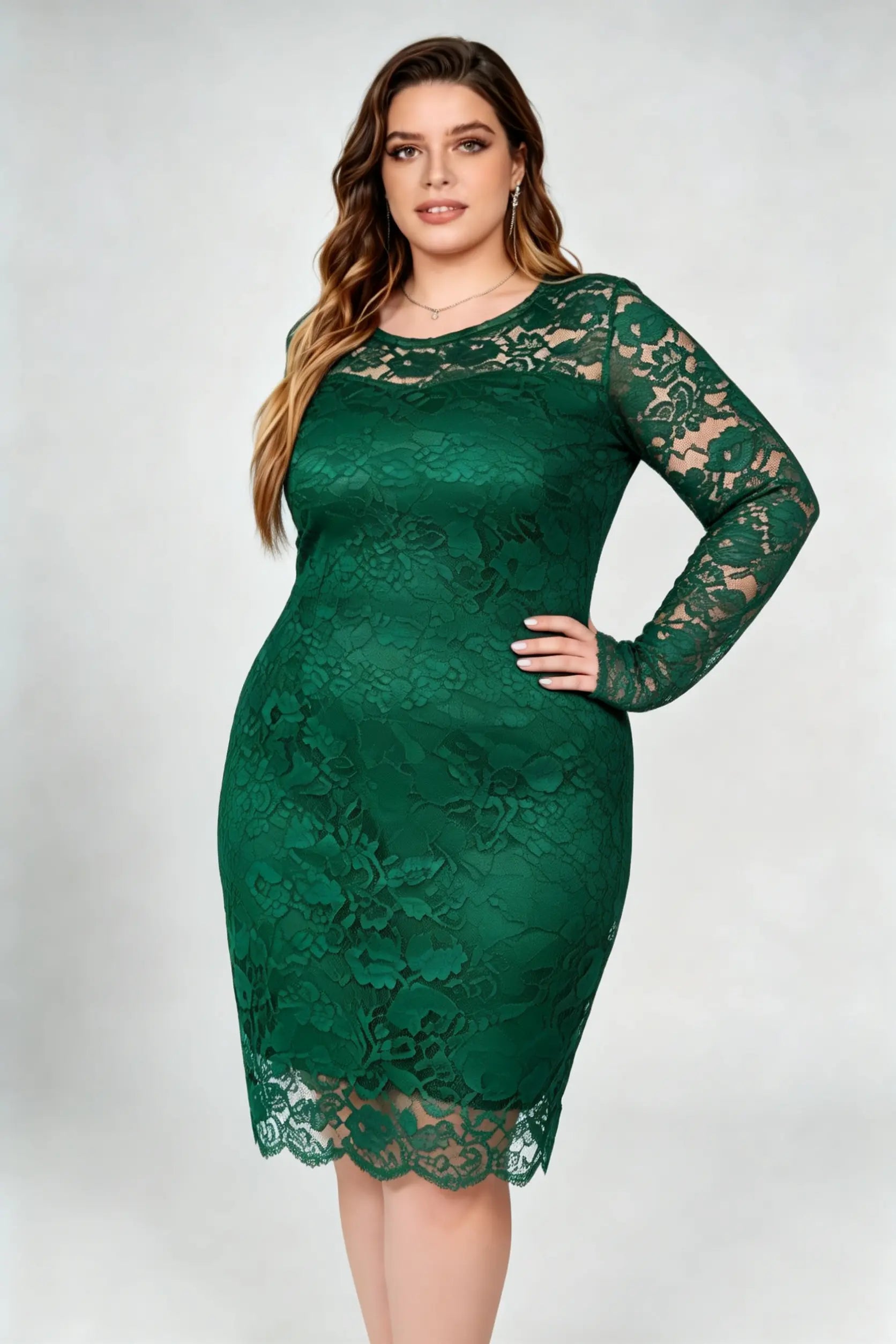 Plus Size Emerald Green Lace Round Neck Long Sleeve Bodycon Midi Dress