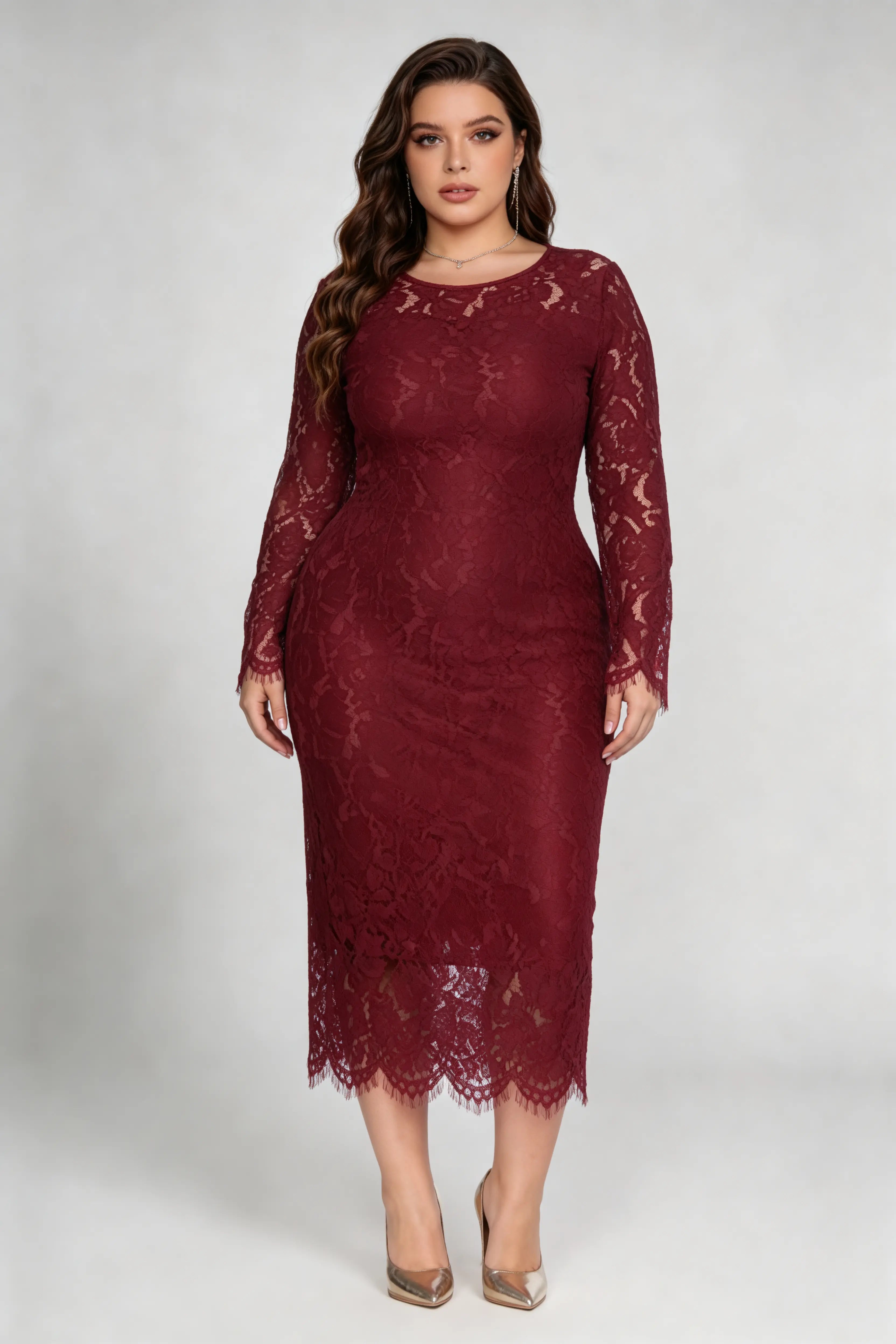 Plus Size Burgundy Lace Long Sleeve Bodycon Midi Dress - Elegant O-Neck Pencil Dress