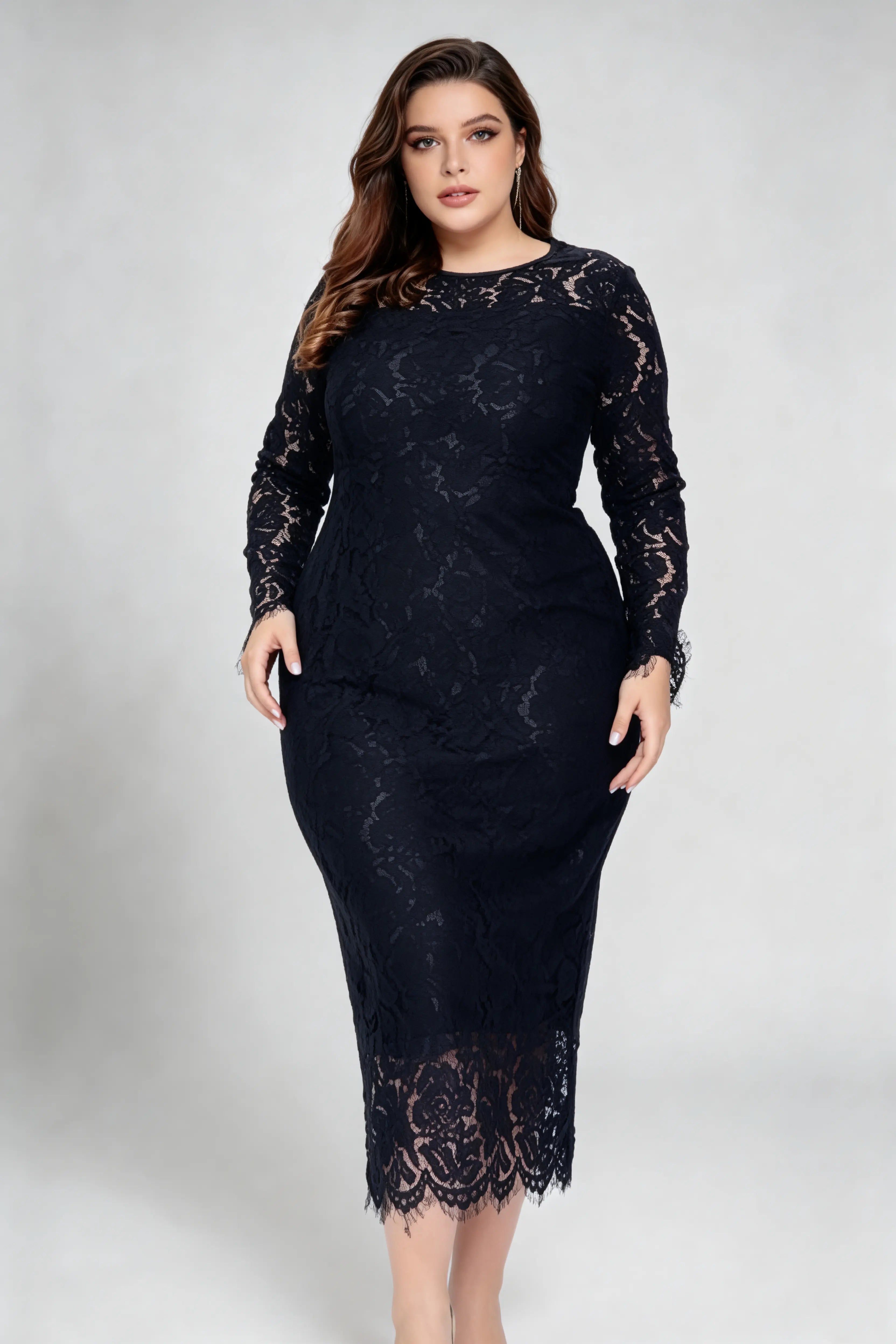 Plus Size Navy Lace Long Sleeve Bodycon Midi Dress - Elegant O-Neck Pencil Dress