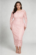 Plus Size Pink Lace Long Sleeve Bodycon Midi Dress - Elegant O-Neck Pencil Dress