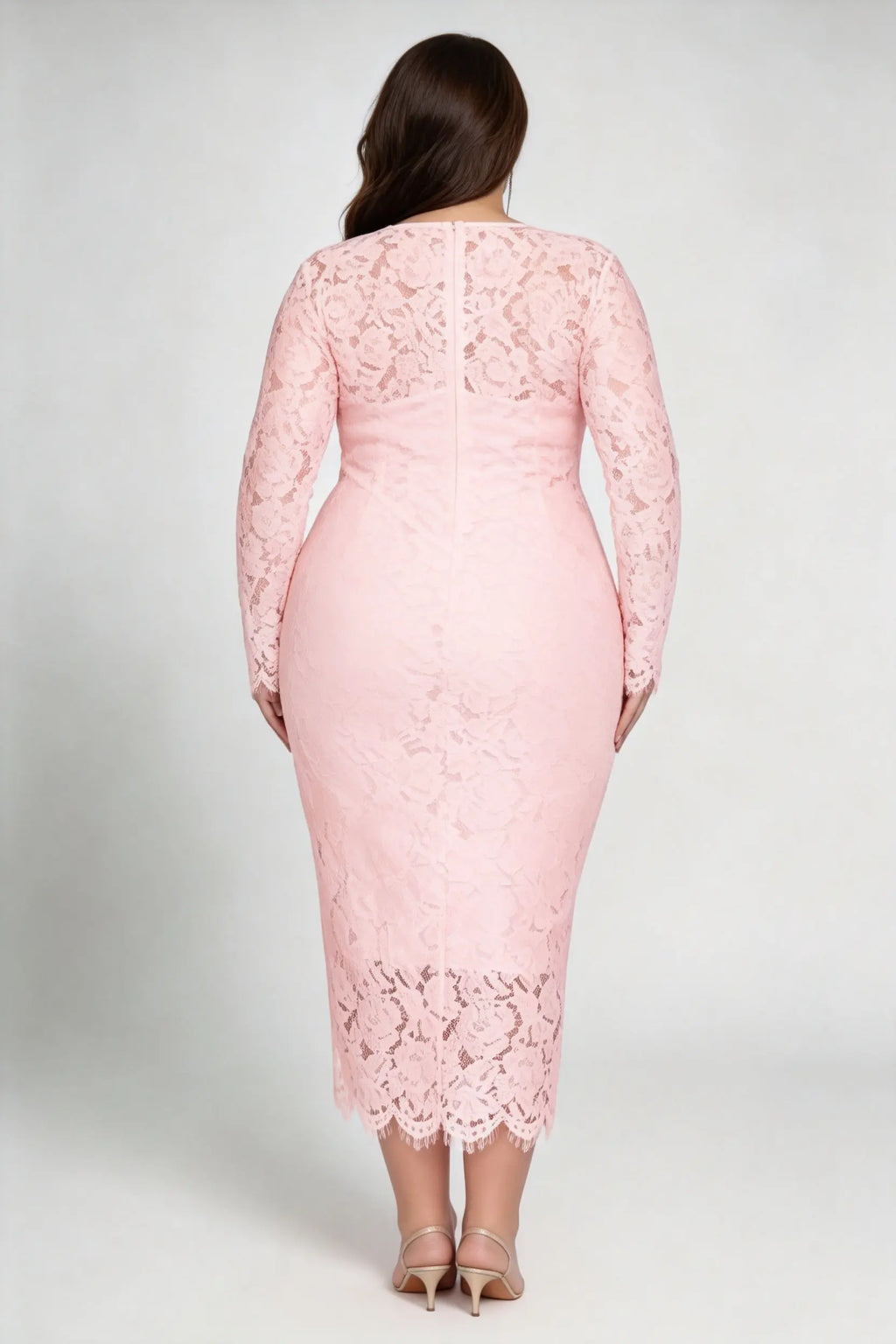 Plus Size Pink Lace Long Sleeve Bodycon Midi Dress - Elegant O-Neck Pencil Dress