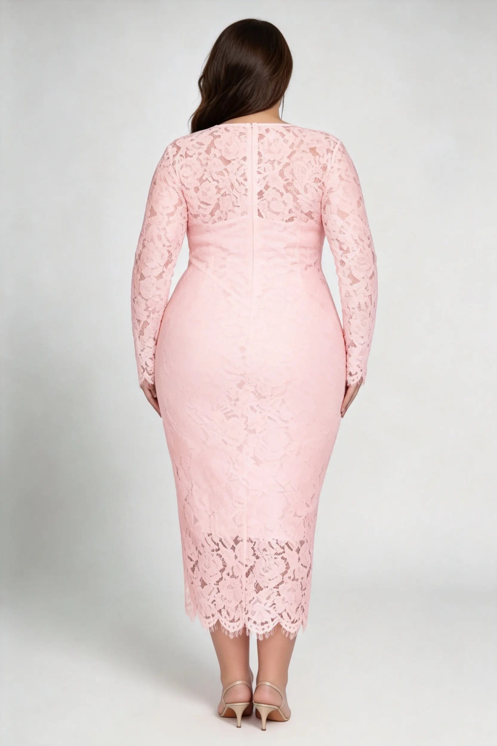 Plus Size Pink Lace Long Sleeve Bodycon Midi Dress - Elegant O-Neck Pencil Dress