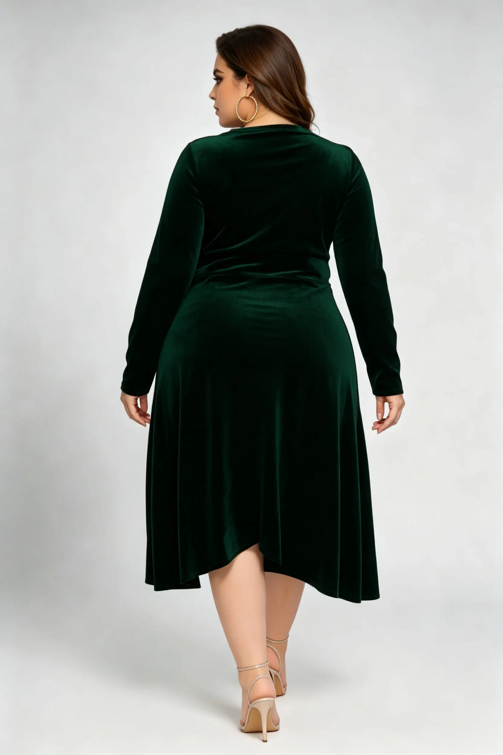 Plus Size Dark Green Velvet Long Sleeve V-neck Wrap Midi Dress - Elegant A-line Flowy Cocktail Dress