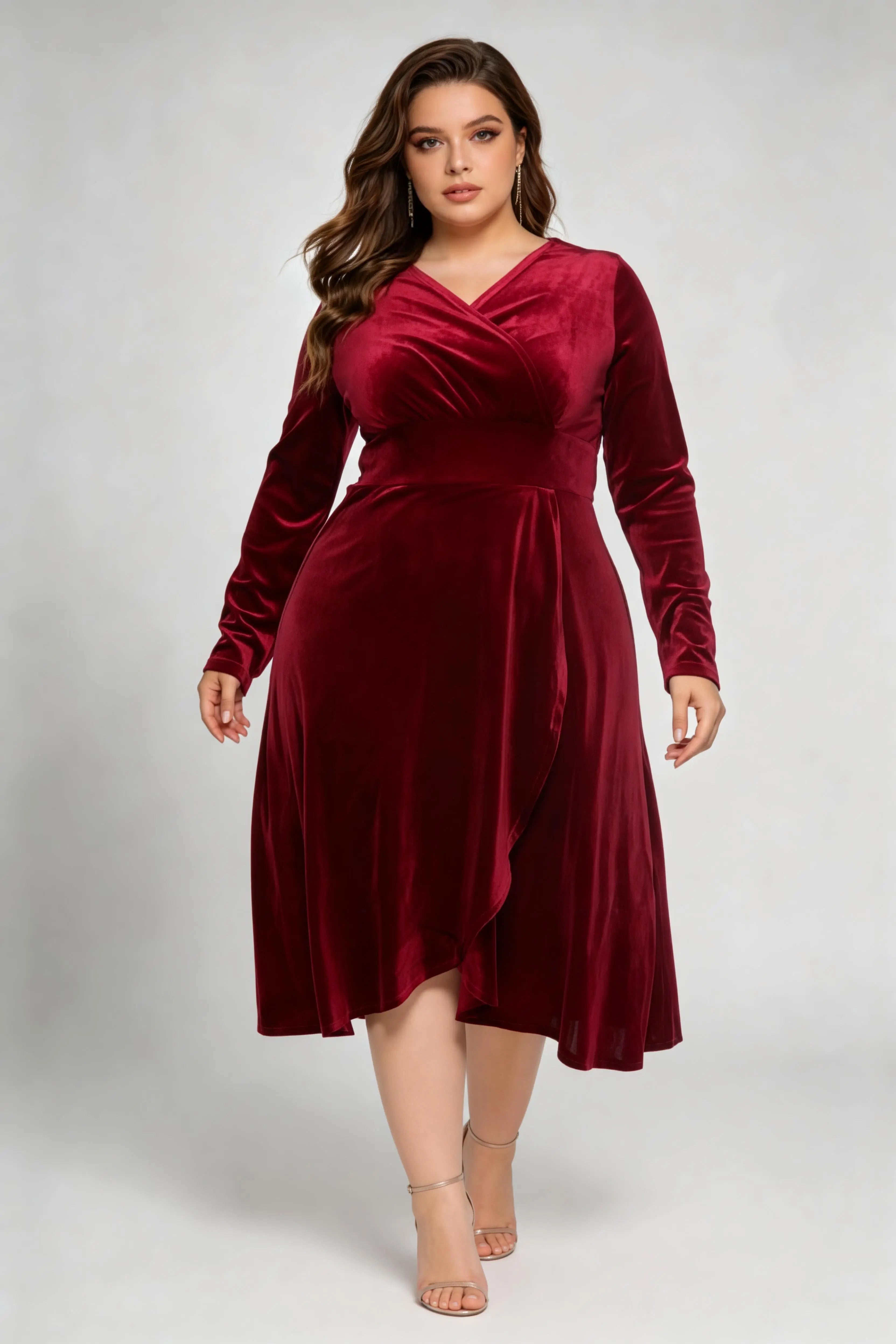 Plus Size Burgundy Velvet Long Sleeve V-neck Wrap Midi Dress - Elegant A-line Flowy Cocktail Dress