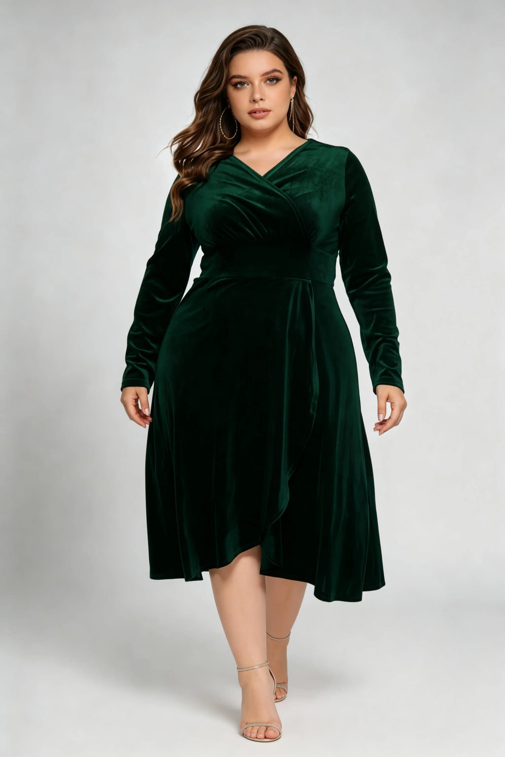 Plus Size Dark Green Velvet Long Sleeve V-neck Wrap Midi Dress - Elegant A-line Flowy Cocktail Dress