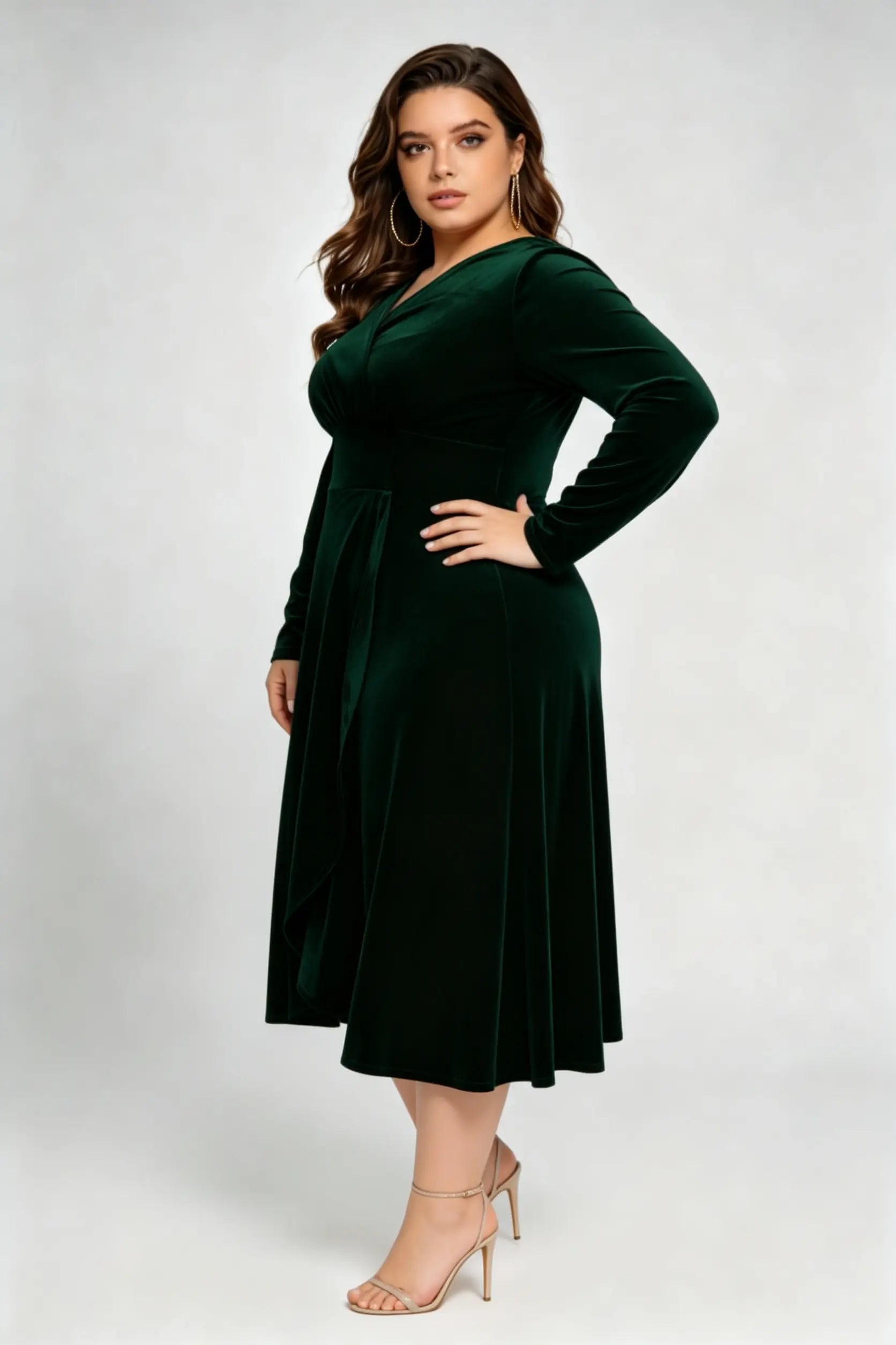 Plus Size Dark Green Velvet Long Sleeve V-neck Wrap Midi Dress - Elegant A-line Flowy Cocktail Dress