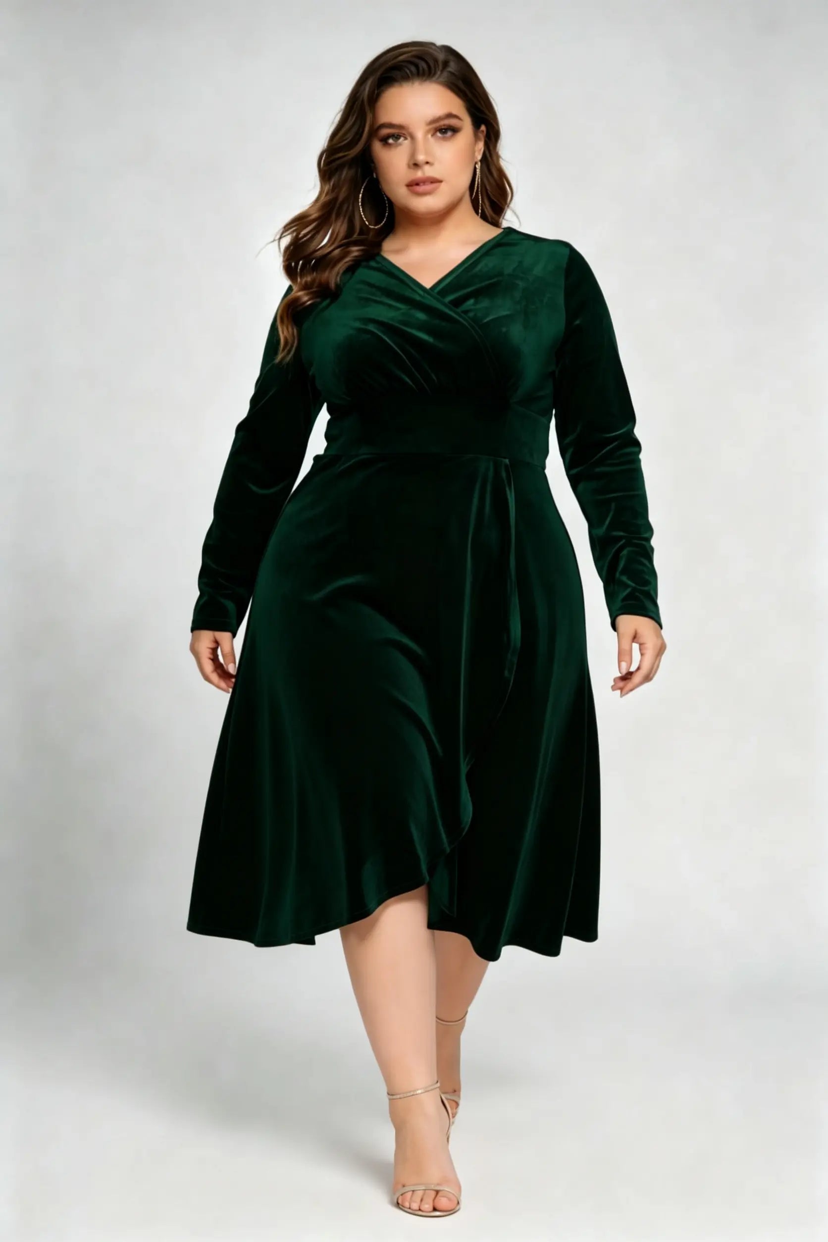 Plus Size Dark Green Velvet Long Sleeve V-neck Wrap Midi Dress - Elegant A-line Flowy Cocktail Dress
