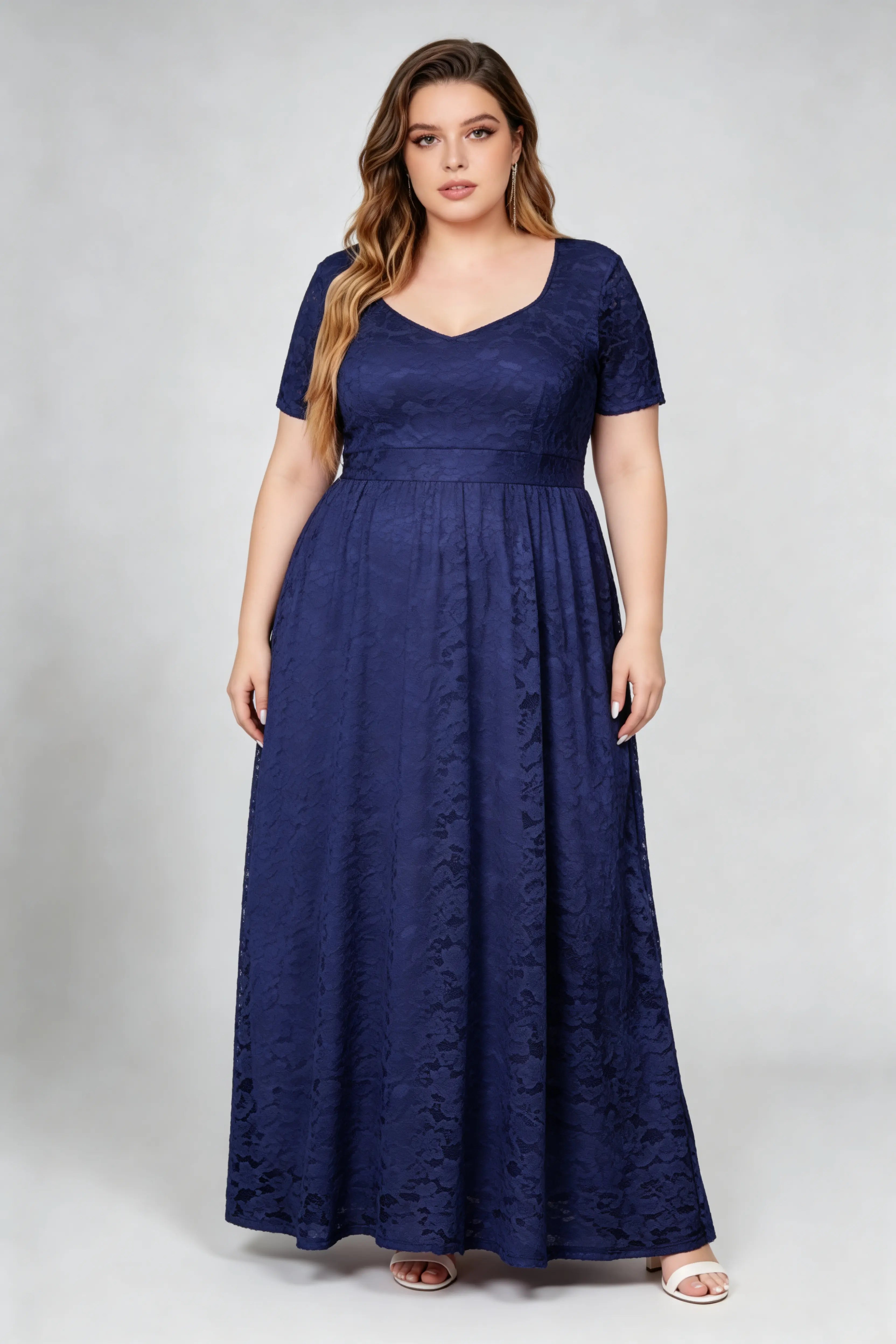 Plus Size Navy Floral Lace Short Sleeve V-neck A-line Maxi Dress - Elegant Formal Evening Gown