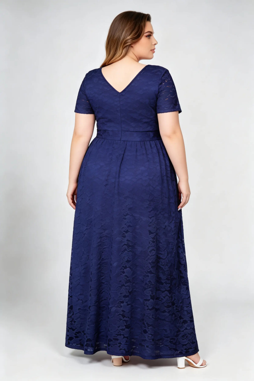 Plus Size Navy Floral Lace Short Sleeve V-neck A-line Maxi Dress - Elegant Formal Evening Gown