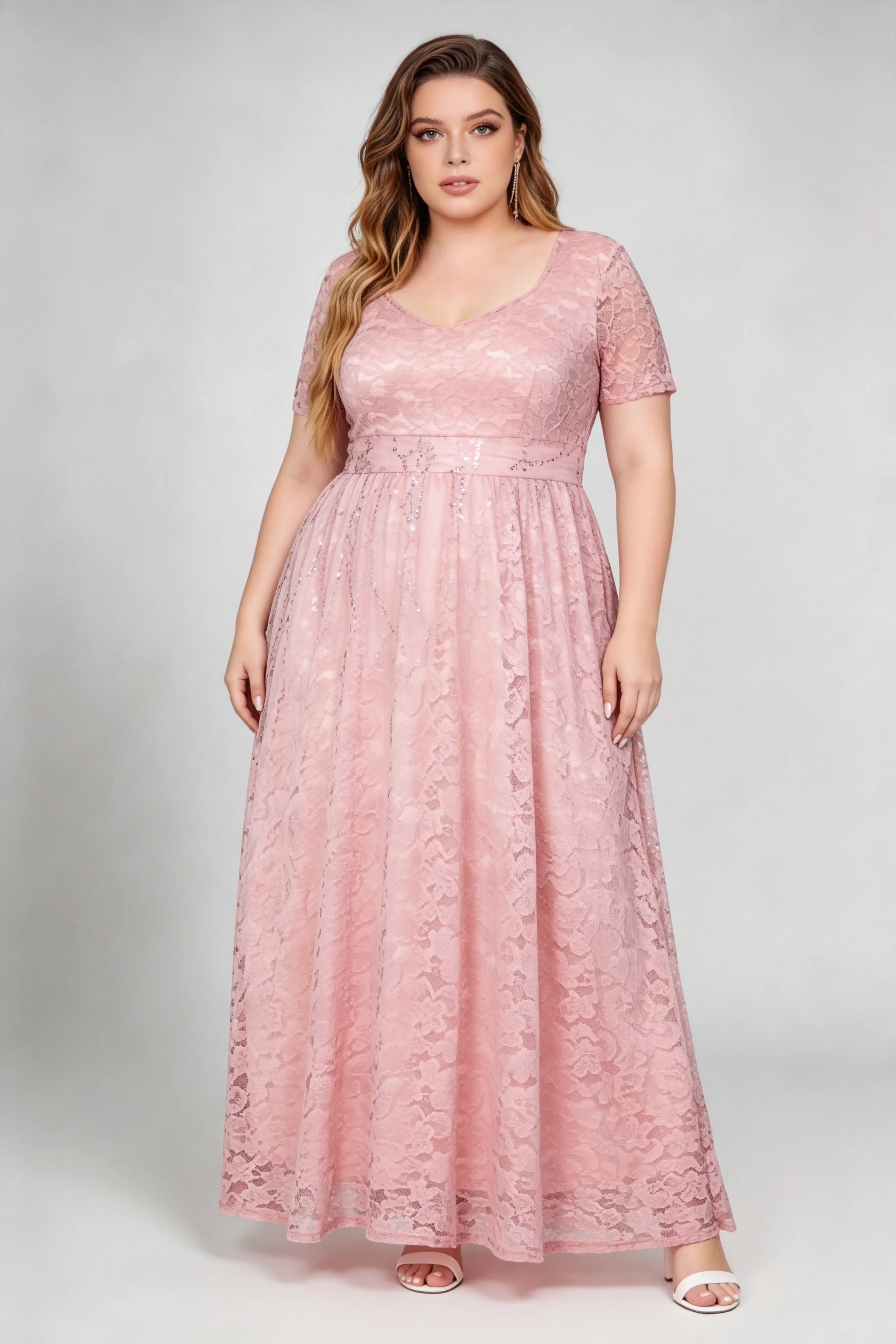 Plus Size Pink Floral Lace Short Sleeve V-neck A-line Maxi Dress - Elegant Formal Evening Gown