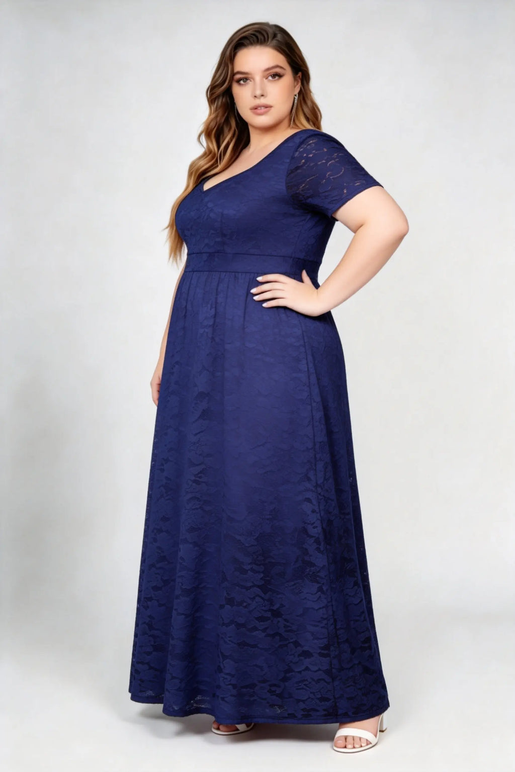 Plus Size Navy Floral Lace Short Sleeve V-neck A-line Maxi Dress - Elegant Formal Evening Gown