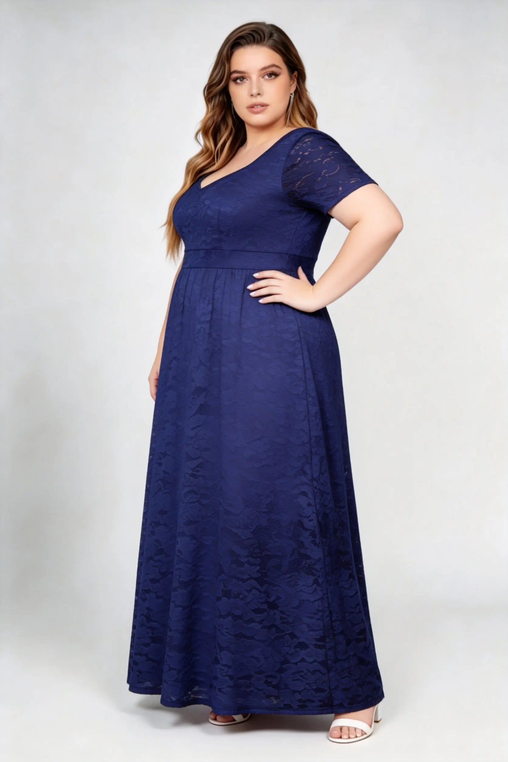 Plus Size Navy Floral Lace Short Sleeve V-neck A-line Maxi Dress - Elegant Formal Evening Gown