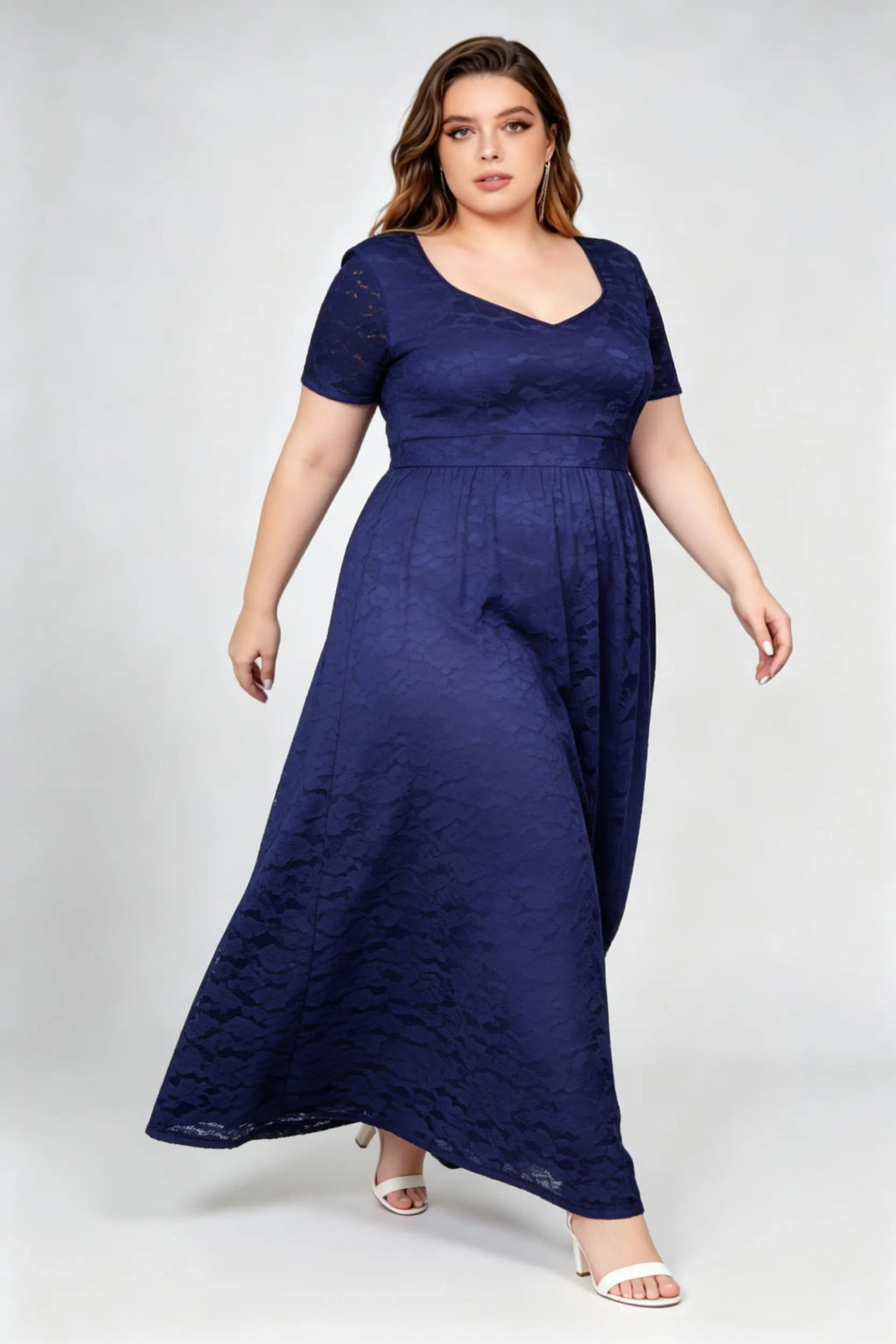 Plus Size Navy Floral Lace Short Sleeve V-neck A-line Maxi Dress - Elegant Formal Evening Gown