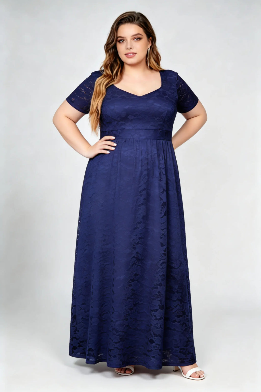 Plus Size Navy Floral Lace Short Sleeve V-neck A-line Maxi Dress - Elegant Formal Evening Gown