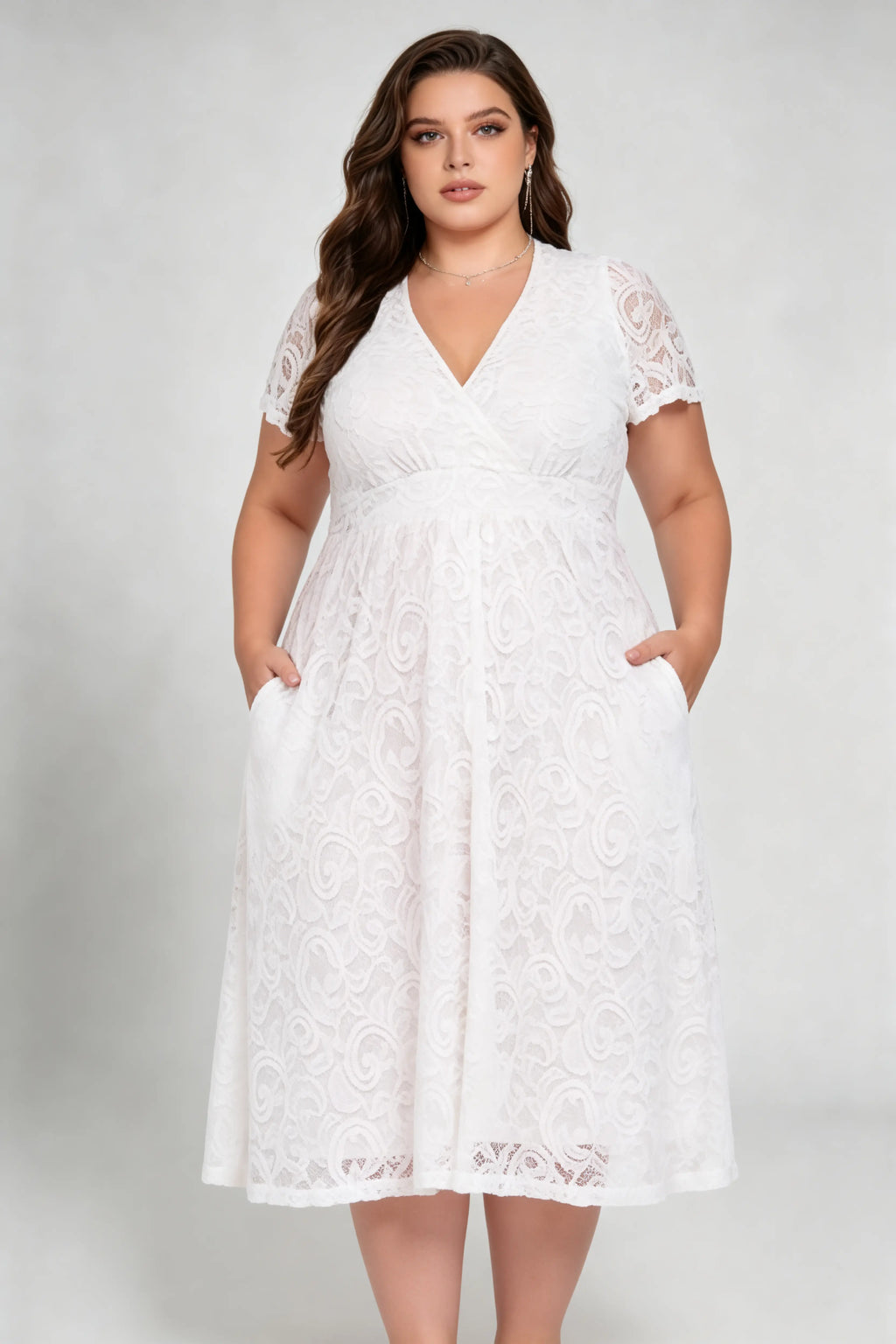 Plus Size White Lace Surplice V-neck Short Sleeve A-line Midi Dress - Elegant Casual Formal Dress With Pockets