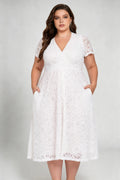 Plus Size White Lace Surplice V-neck Short Sleeve A-line Midi Dress - Elegant Casual Formal Dress With Pockets