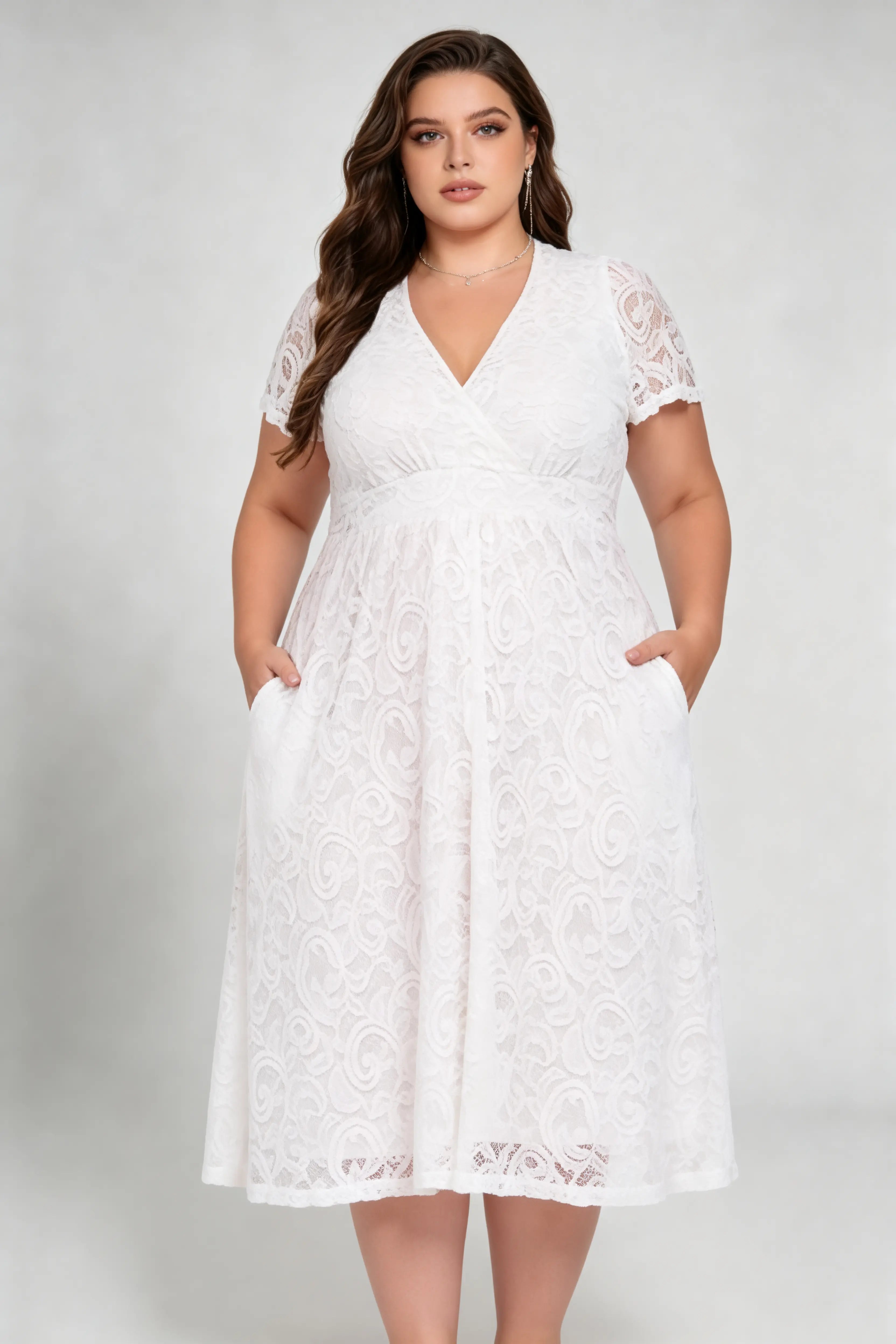 Plus Size White Lace Surplice V-neck Short Sleeve A-line Midi Dress - Elegant Casual Formal Dress With Pockets