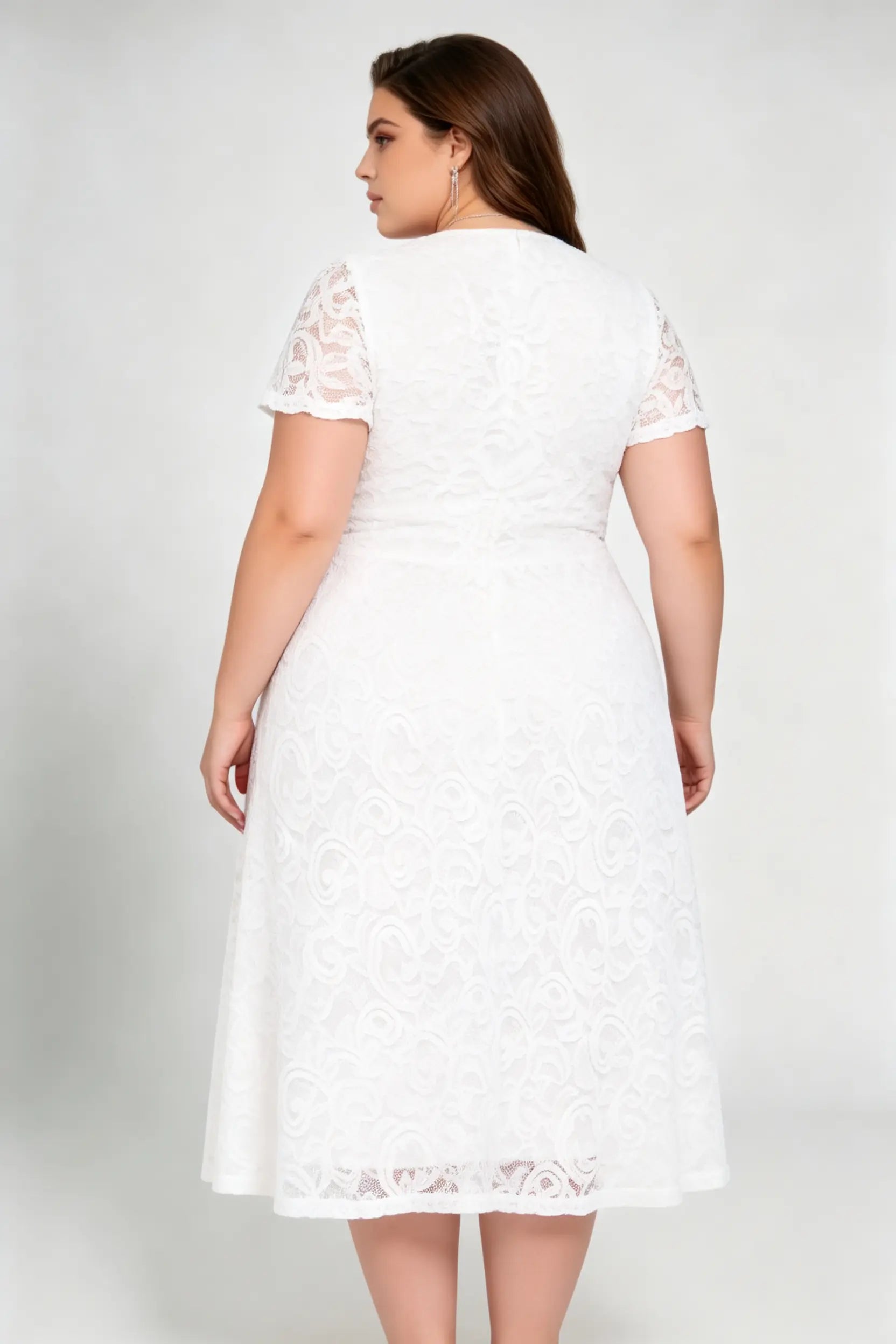 Plus Size White Lace Surplice V-neck Short Sleeve A-line Midi Dress - Elegant Casual Formal Dress With Pockets