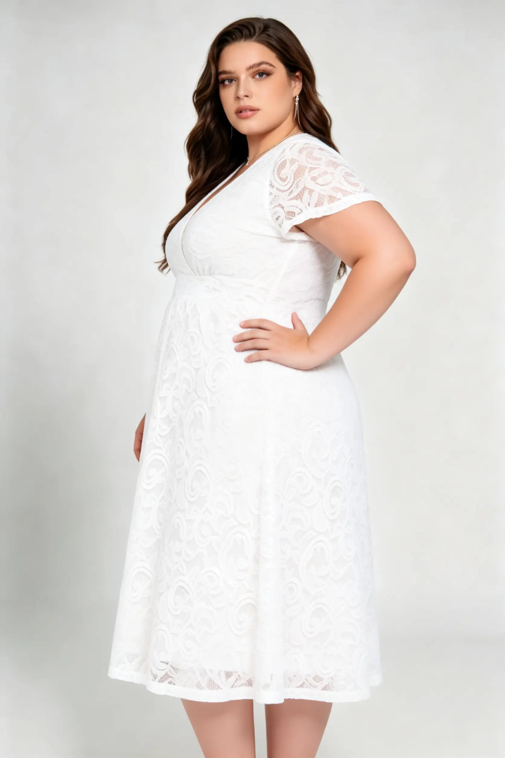 Plus Size White Lace Surplice V-neck Short Sleeve A-line Midi Dress - Elegant Casual Formal Dress With Pockets