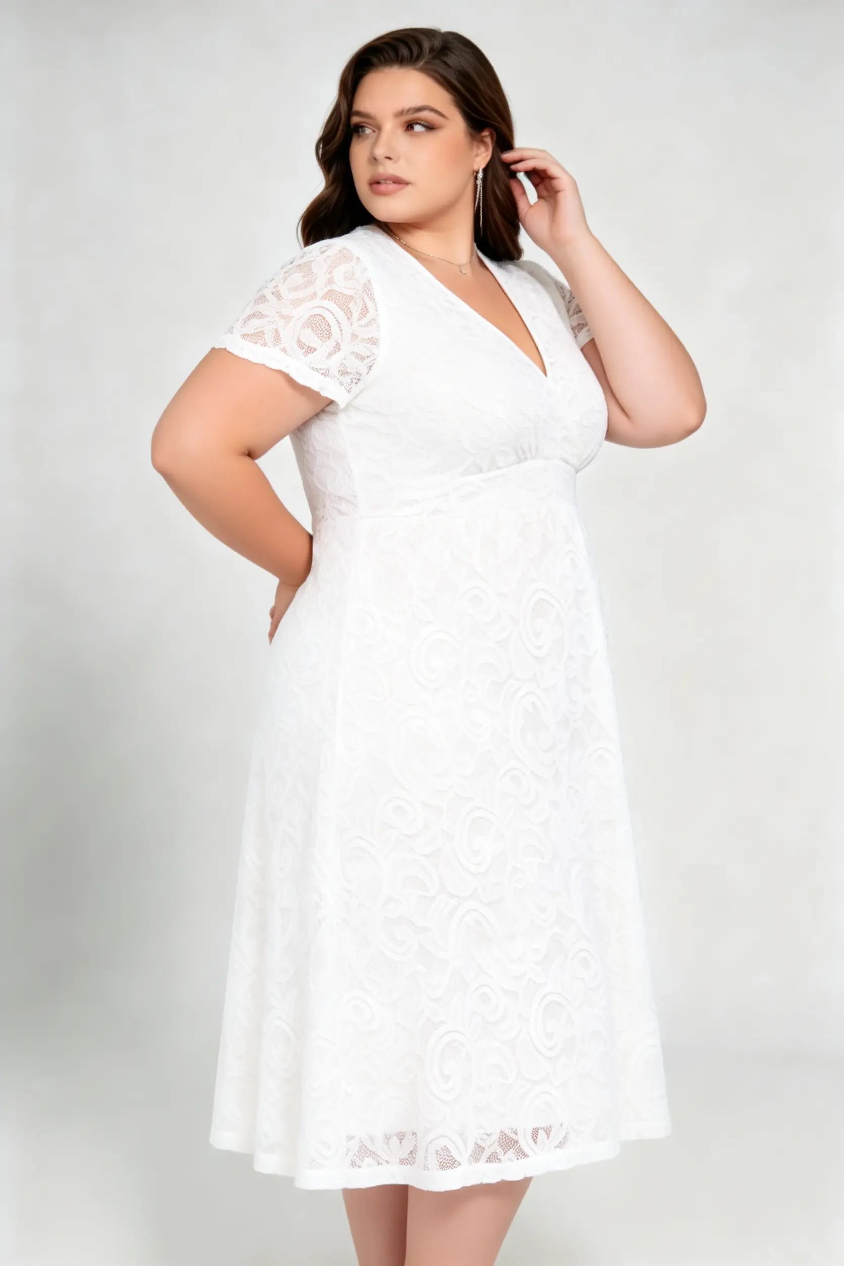 Plus Size White Lace Surplice V-neck Short Sleeve A-line Midi Dress - Elegant Casual Formal Dress With Pockets