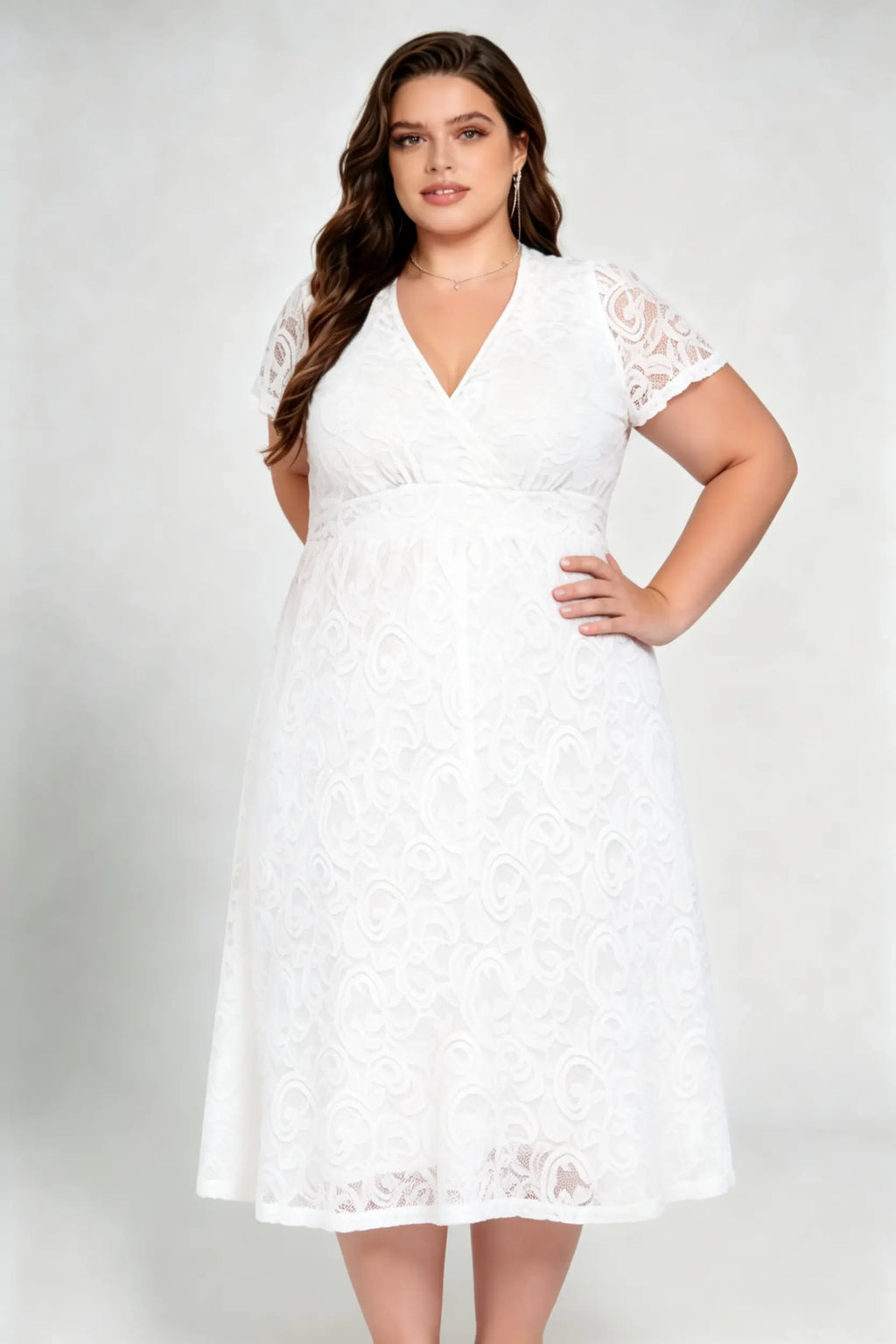 Plus Size White Lace Surplice V-neck Short Sleeve A-line Midi Dress - Elegant Casual Formal Dress With Pockets