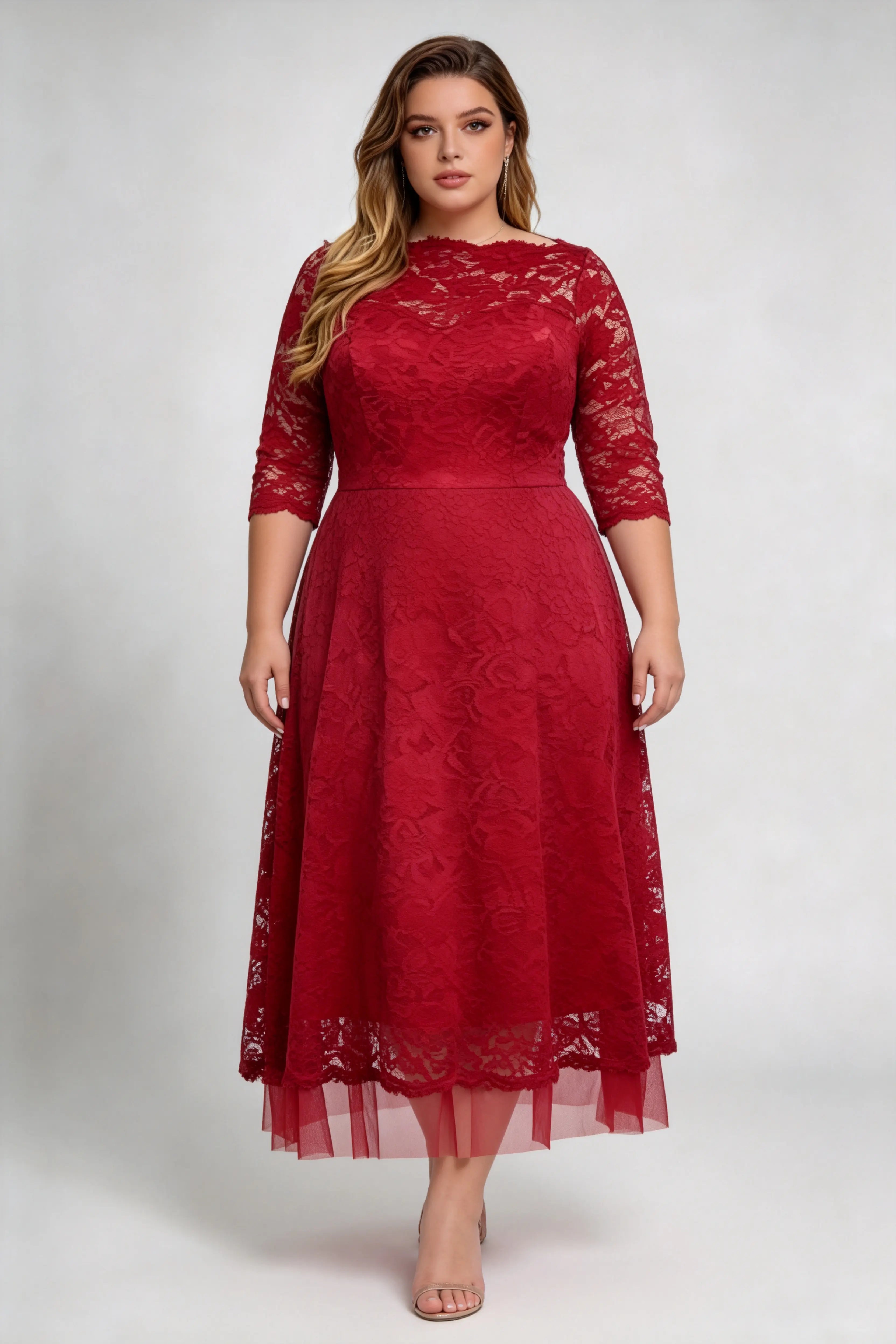 Plus Size Red Lace Boat Neck 3/4 Sleeve A-line Midi Dress - Elegant Fo phoehua Plus Size Red Lace Boat Neck 3/4 Sleeve A-line Midi Dress - Elegant Fo phoehua
